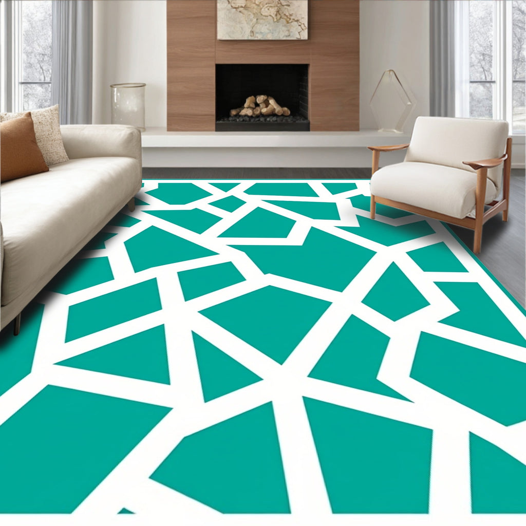 Abstract Teal Geometric Jagged Pattern Rug