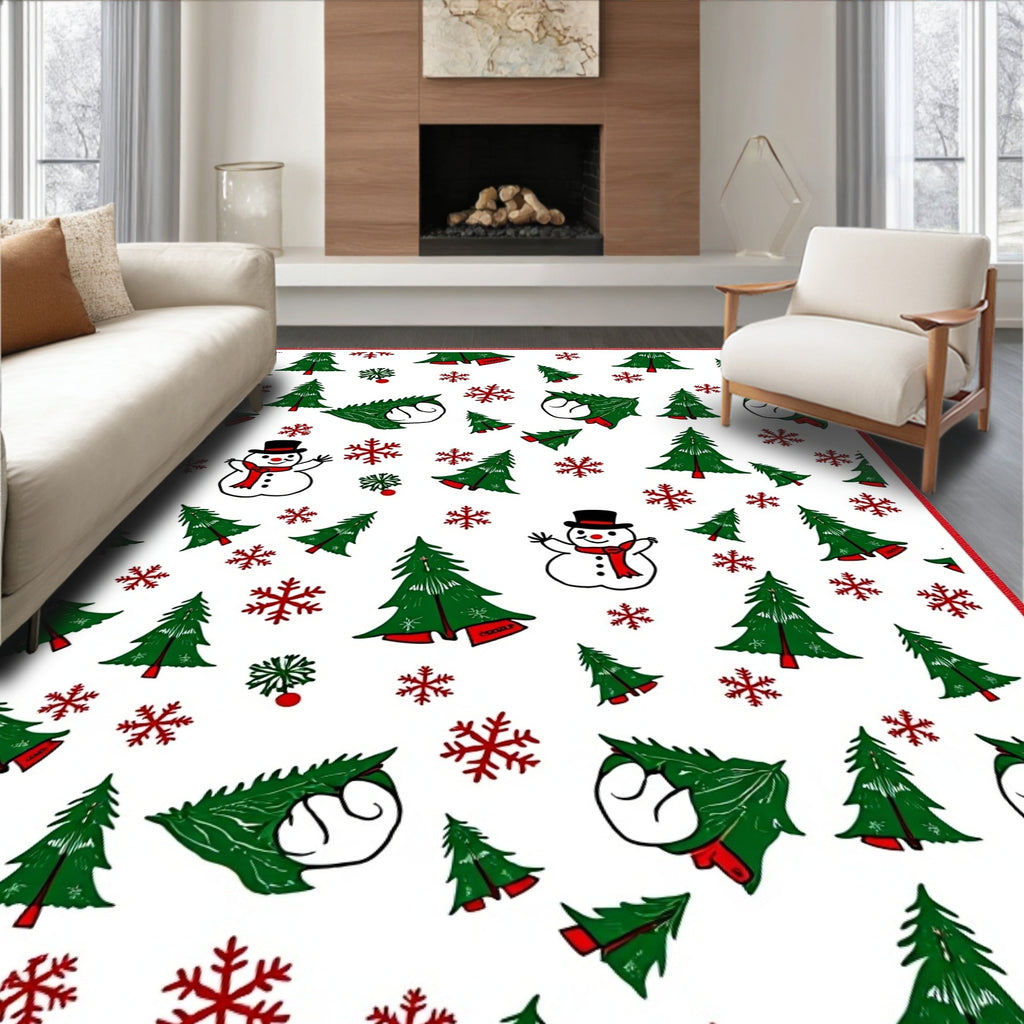 Festive Snowman Christmas Tree Snowflakes Rug