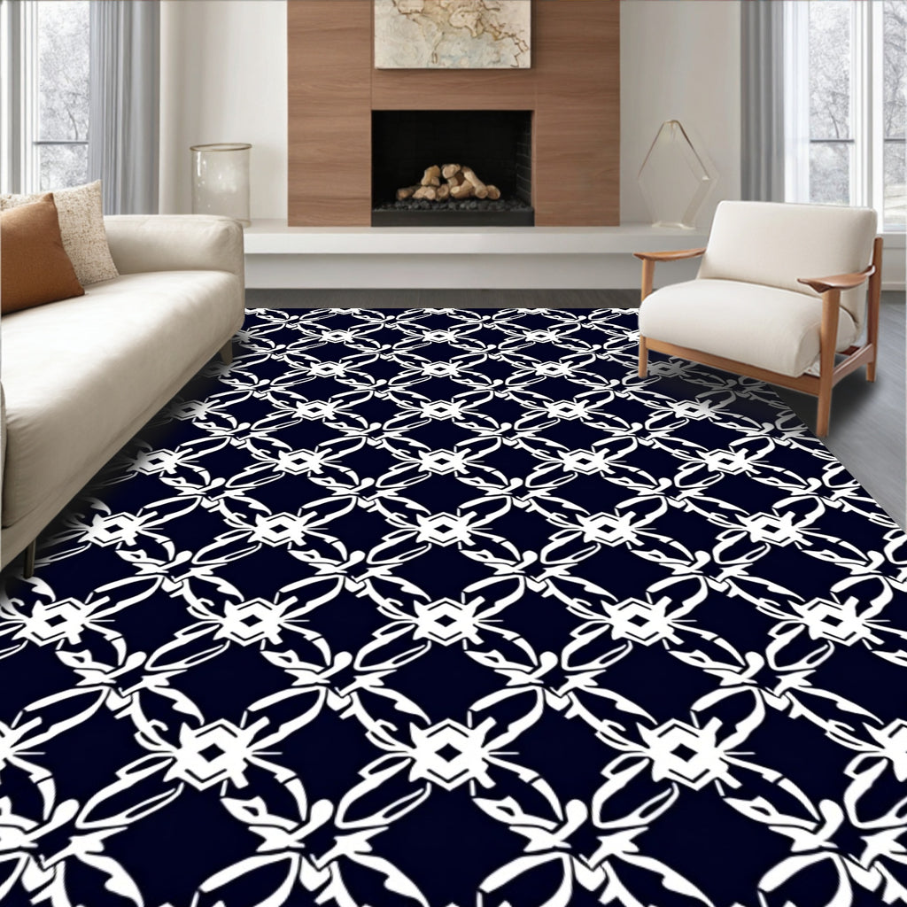 Navy White Elegant Floral Lattice Pattern Rug