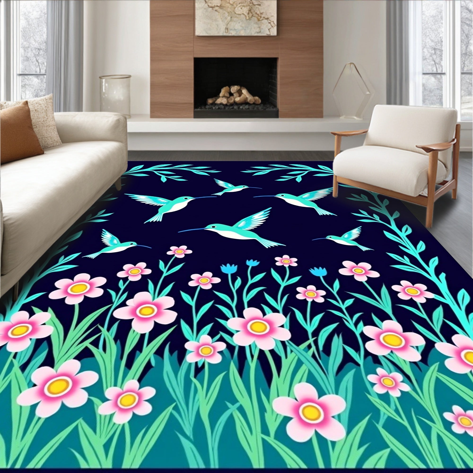 Turquoise Hummingbird Floral Meadow Rug