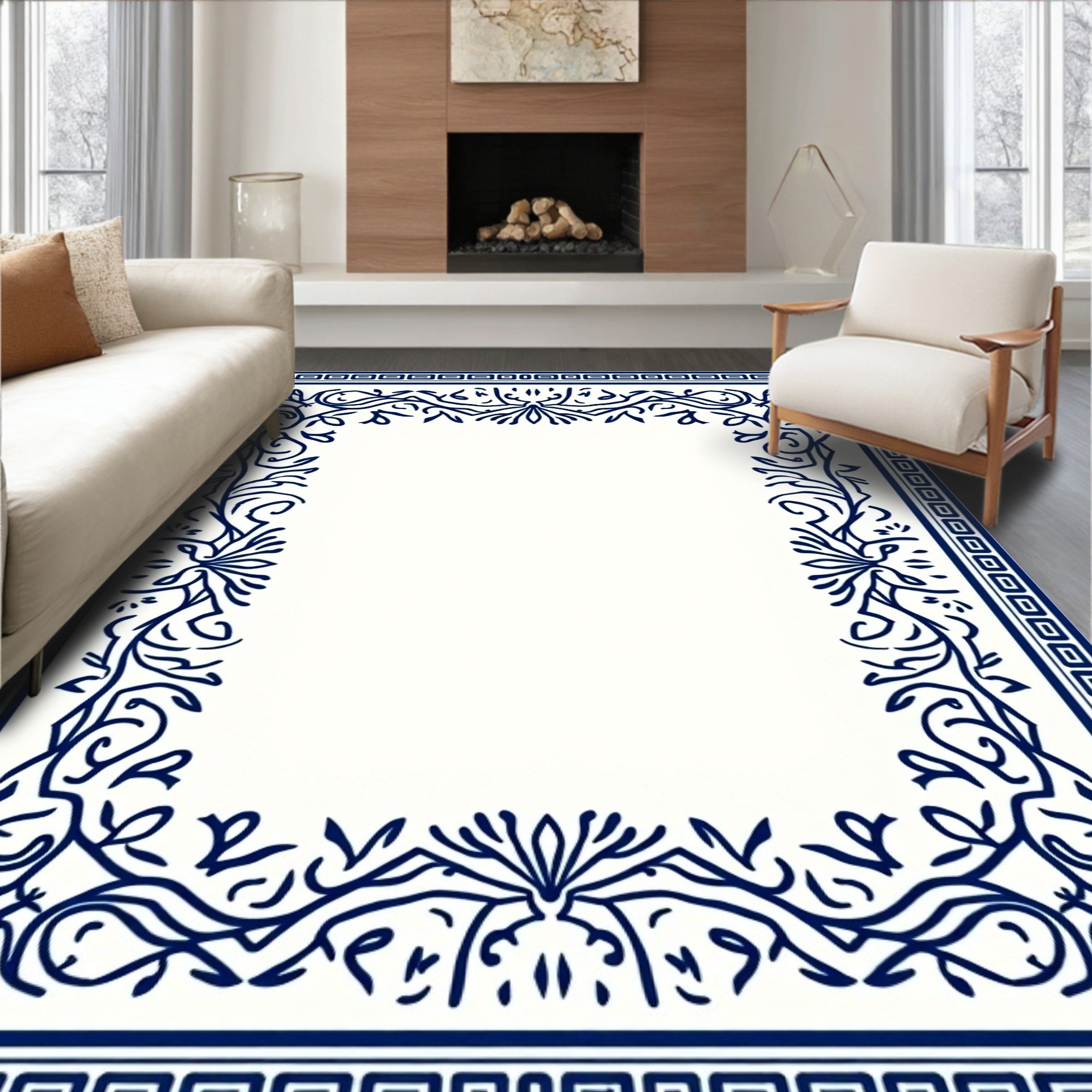 Elegant Blue Floral Border Pattern Rug