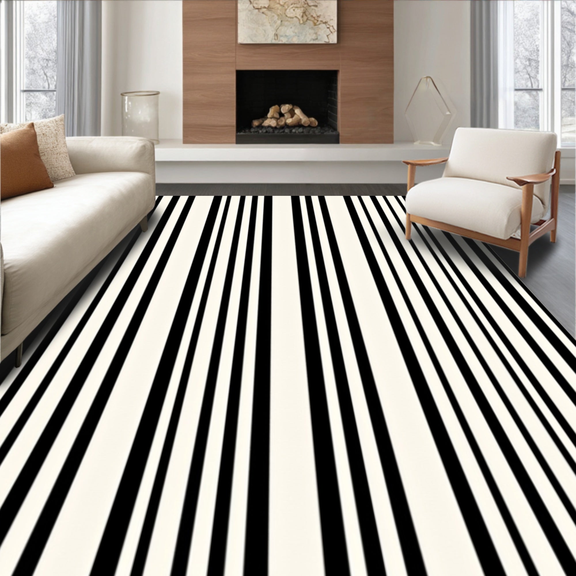 Modern Black White Stripe Runner Rug