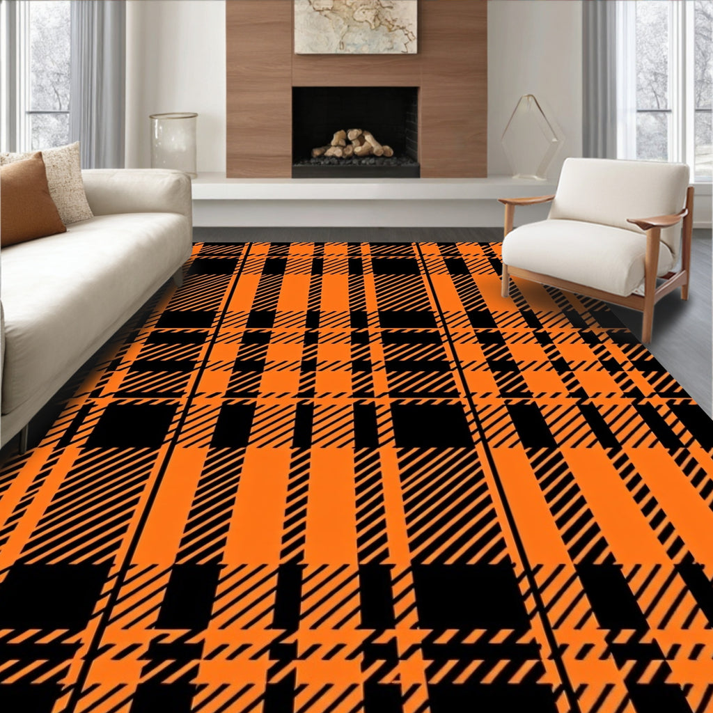 Bold Orange And Black Plaid Design Rug