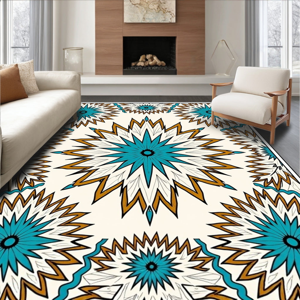 Bold Teal Gold Sunburst Medallion Rug