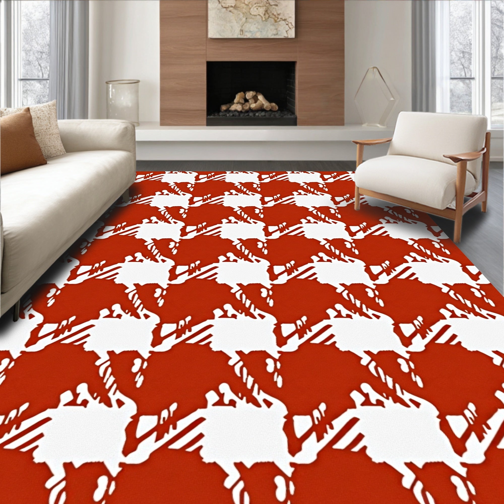 Red White Houndstooth Pattern Rug