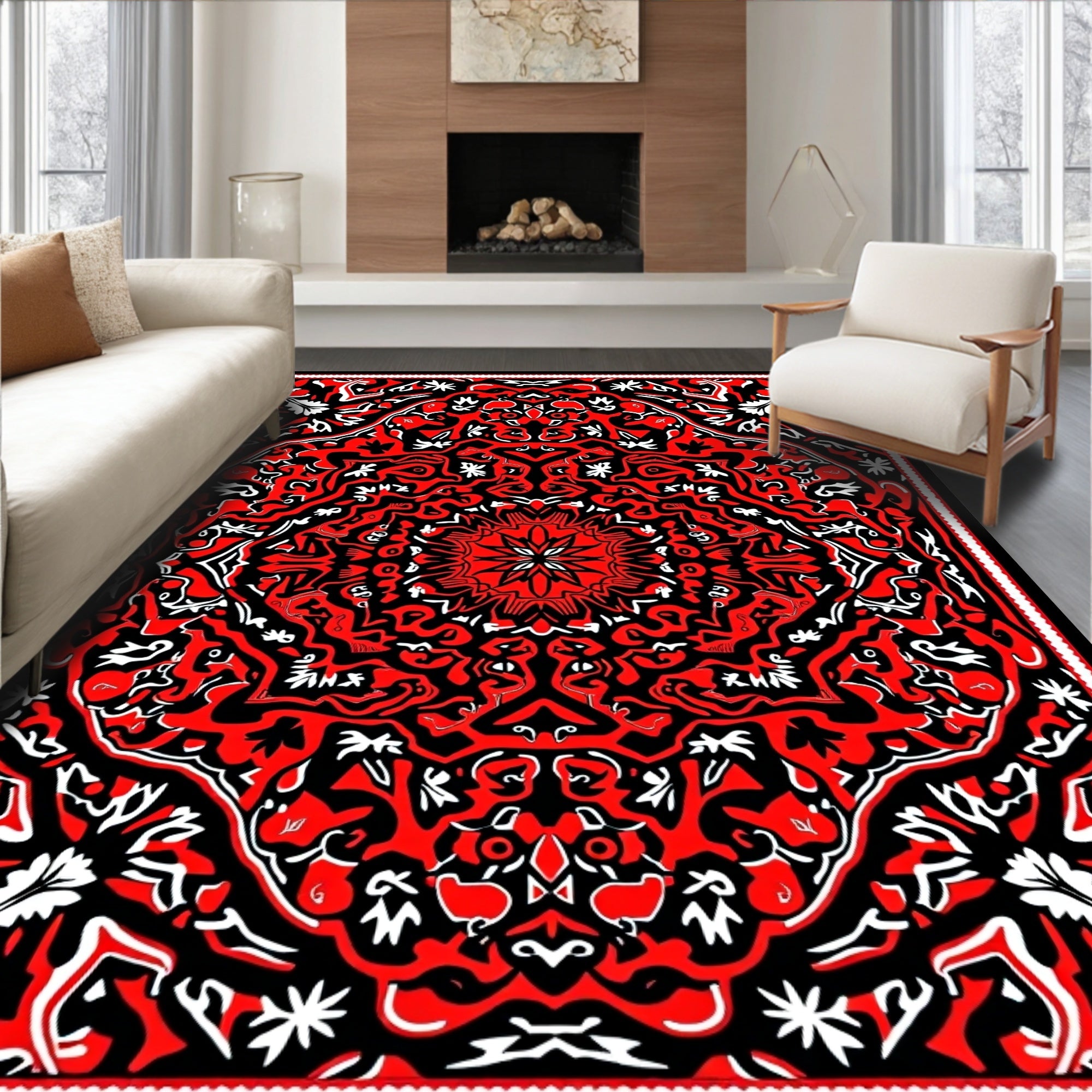 Intense Red Black Mandala Pattern Rug