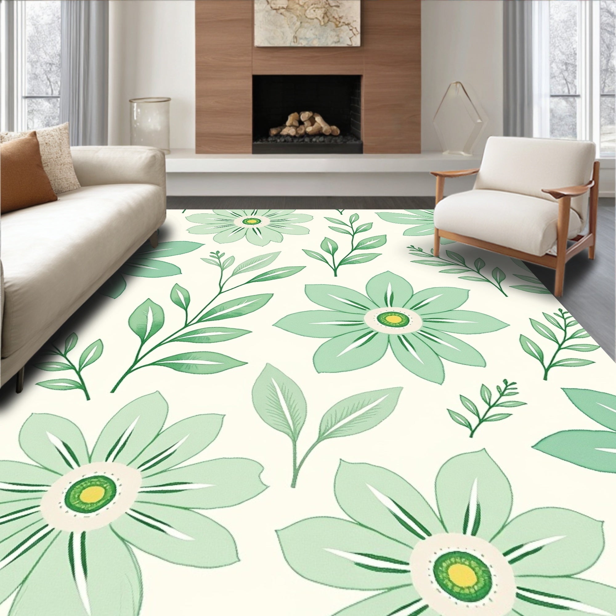 Green Floral Branches Pattern Rug