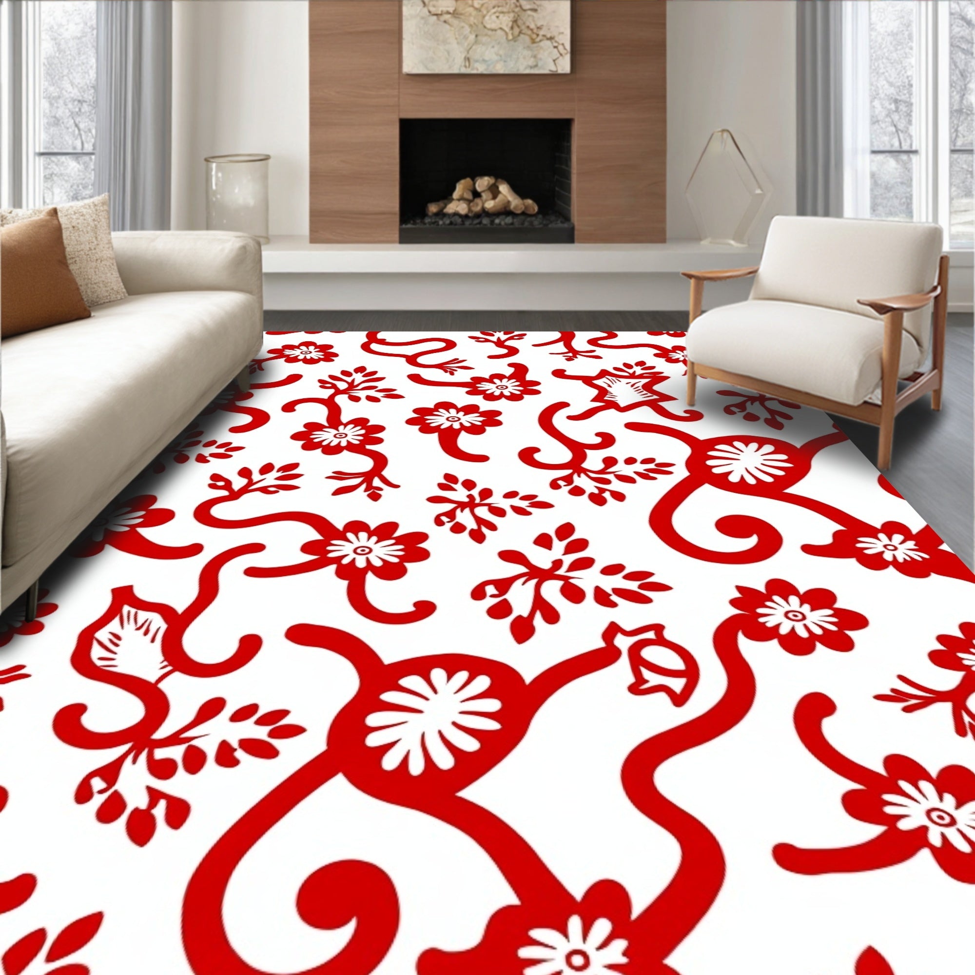 Red Vine Floral Abstract Pattern Rug
