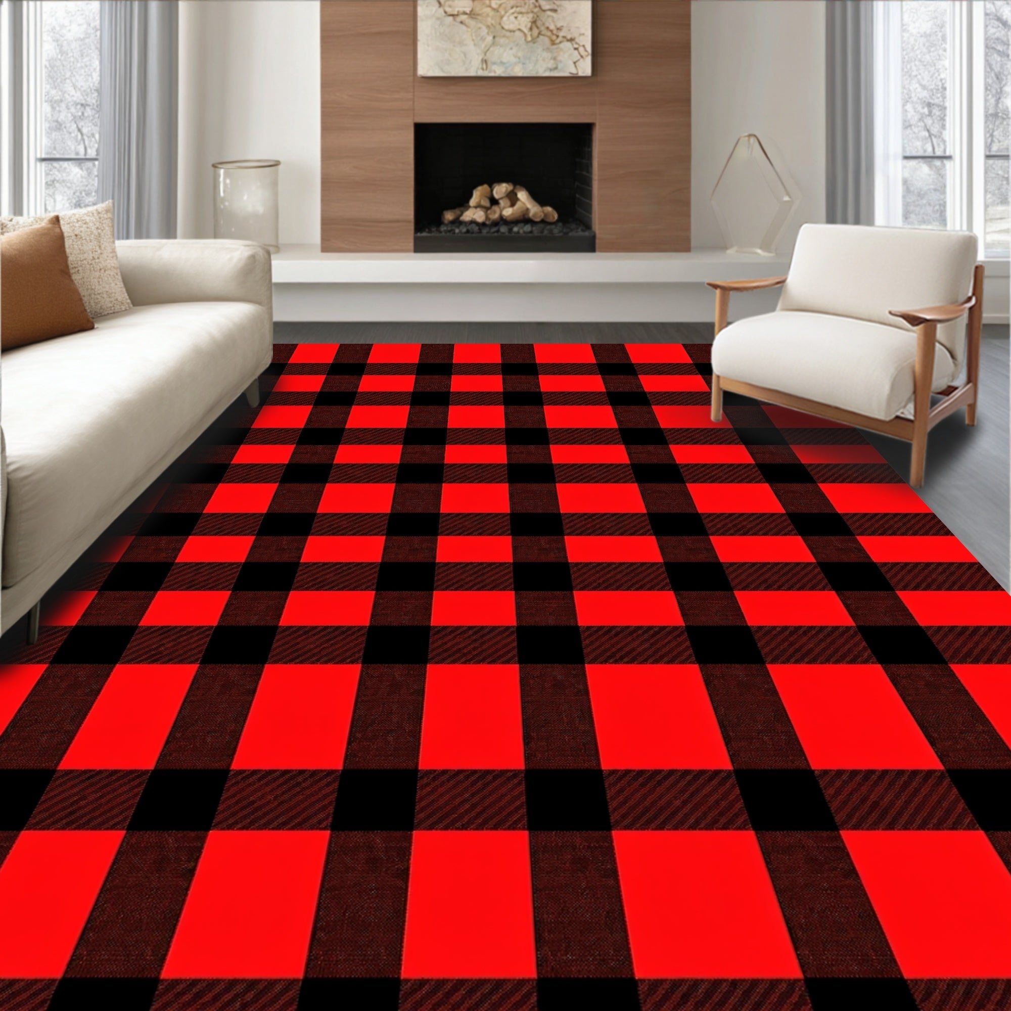 Classic Red Black Plaid Design Rug