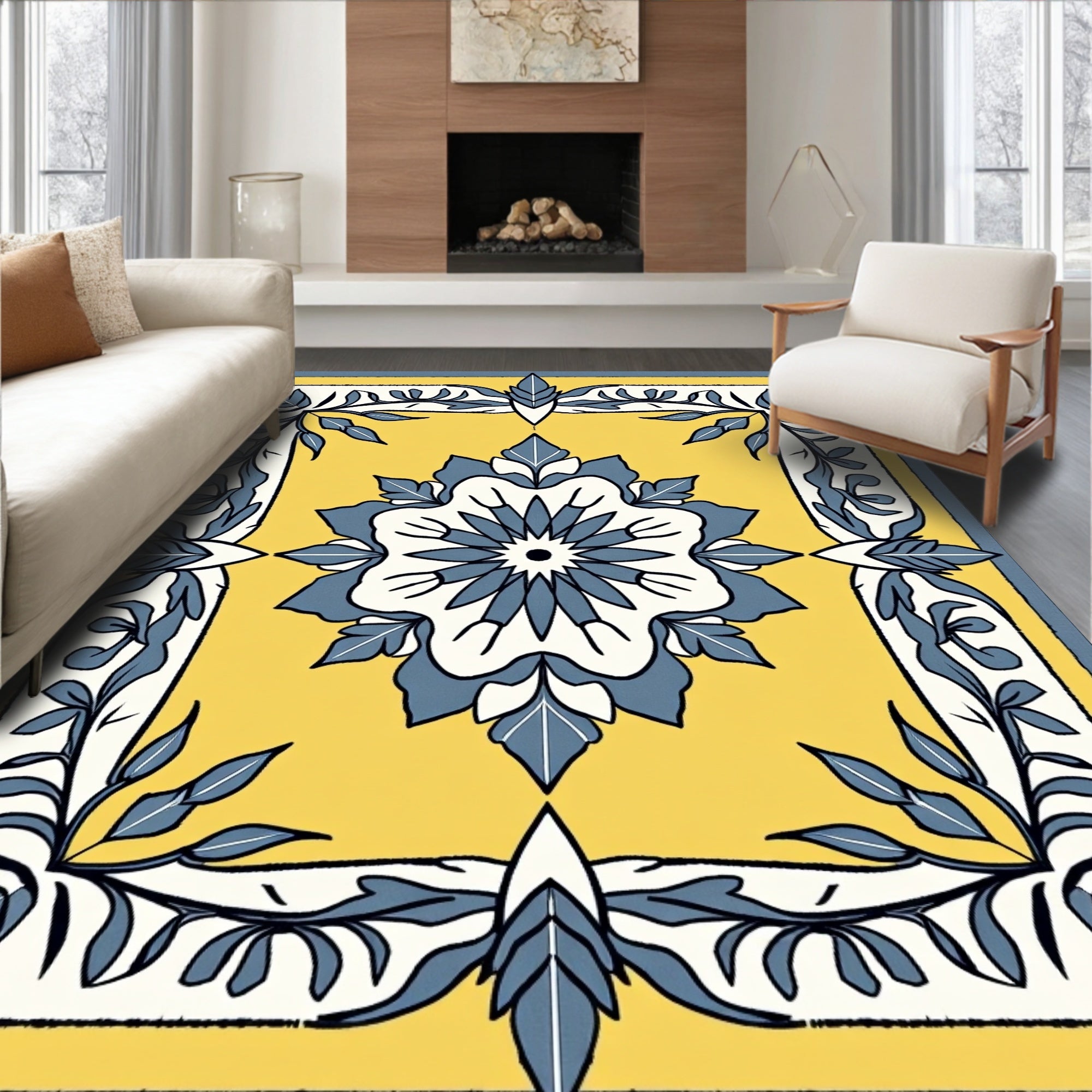 Yellow Blue Floral Decorative Pattern Rug