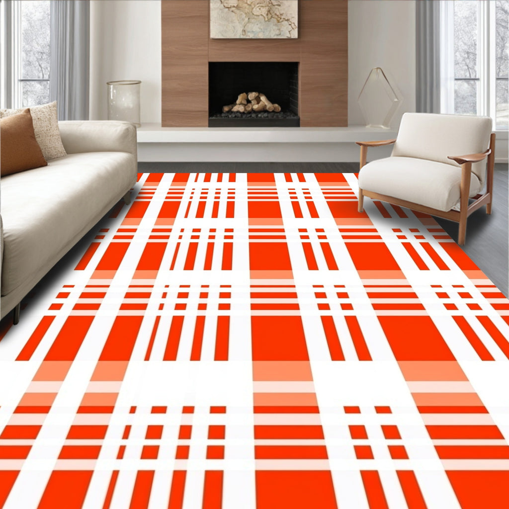Bright Orange White Plaid Pattern Rug