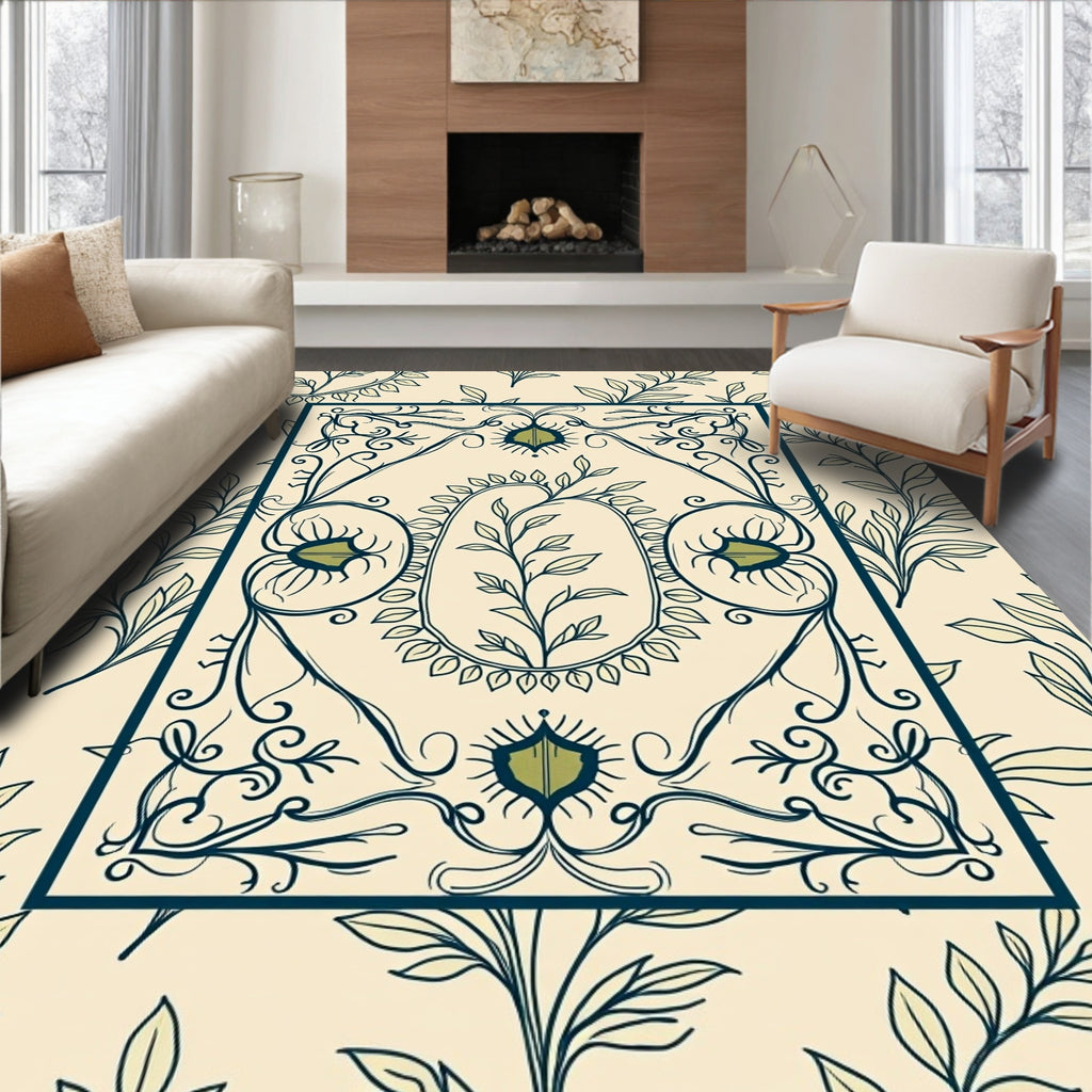 Creme Botanical Scroll Frame Rug