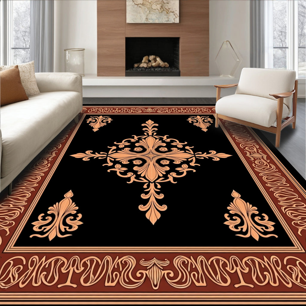Ornate Black Tan Damask Pattern Rug