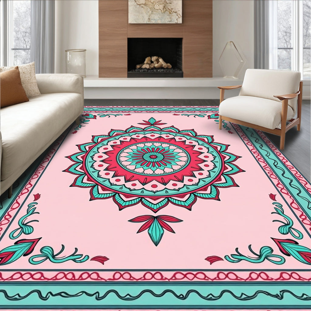 Pink Teal Mandala Inspired Floral Pattern Rug