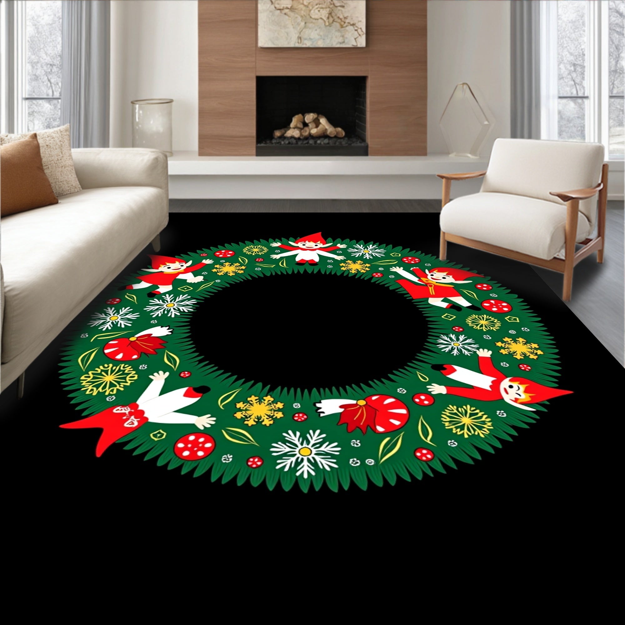 Whimsical Elves Snowflake Green Wreath Rug