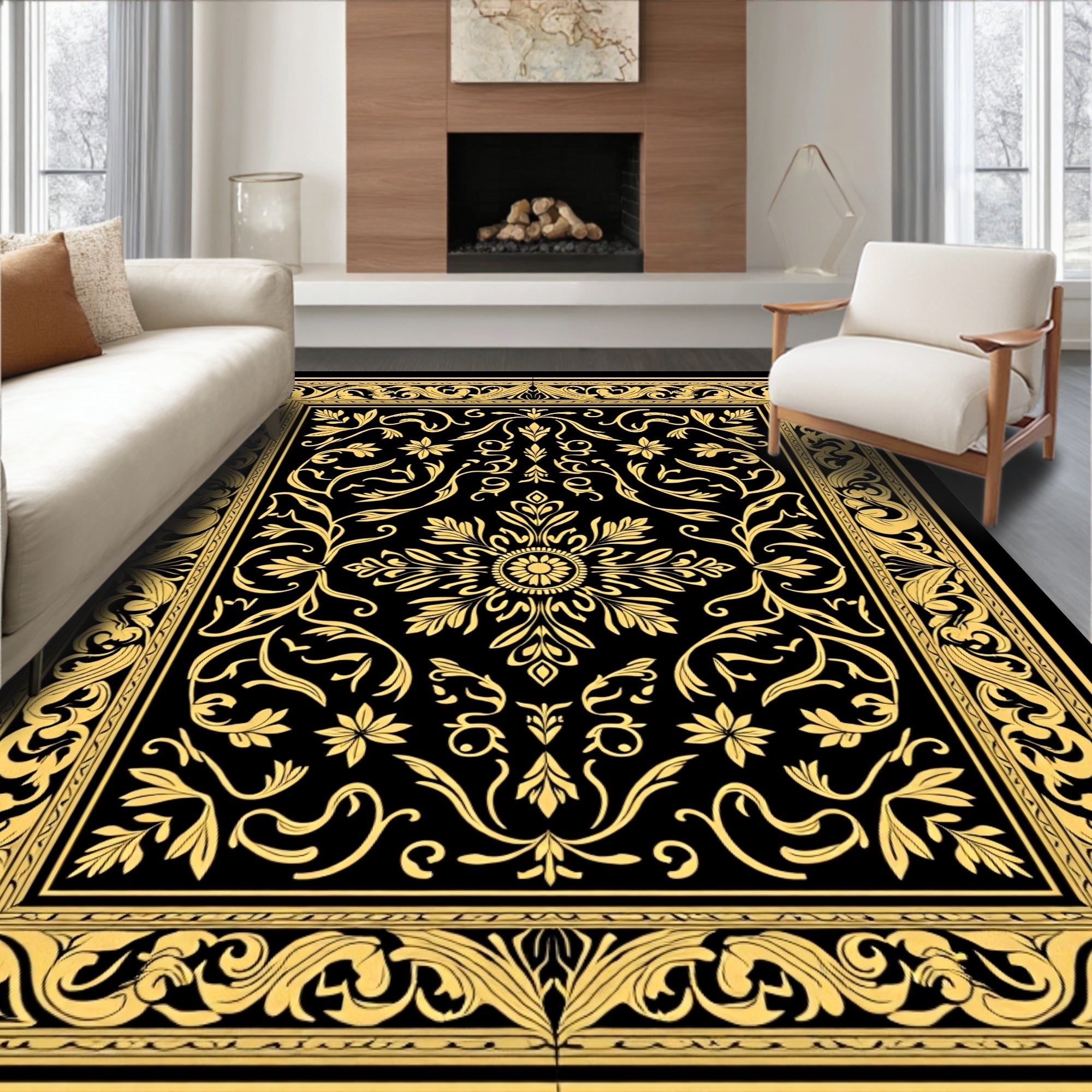 Ornate Floral Black Gold Rug