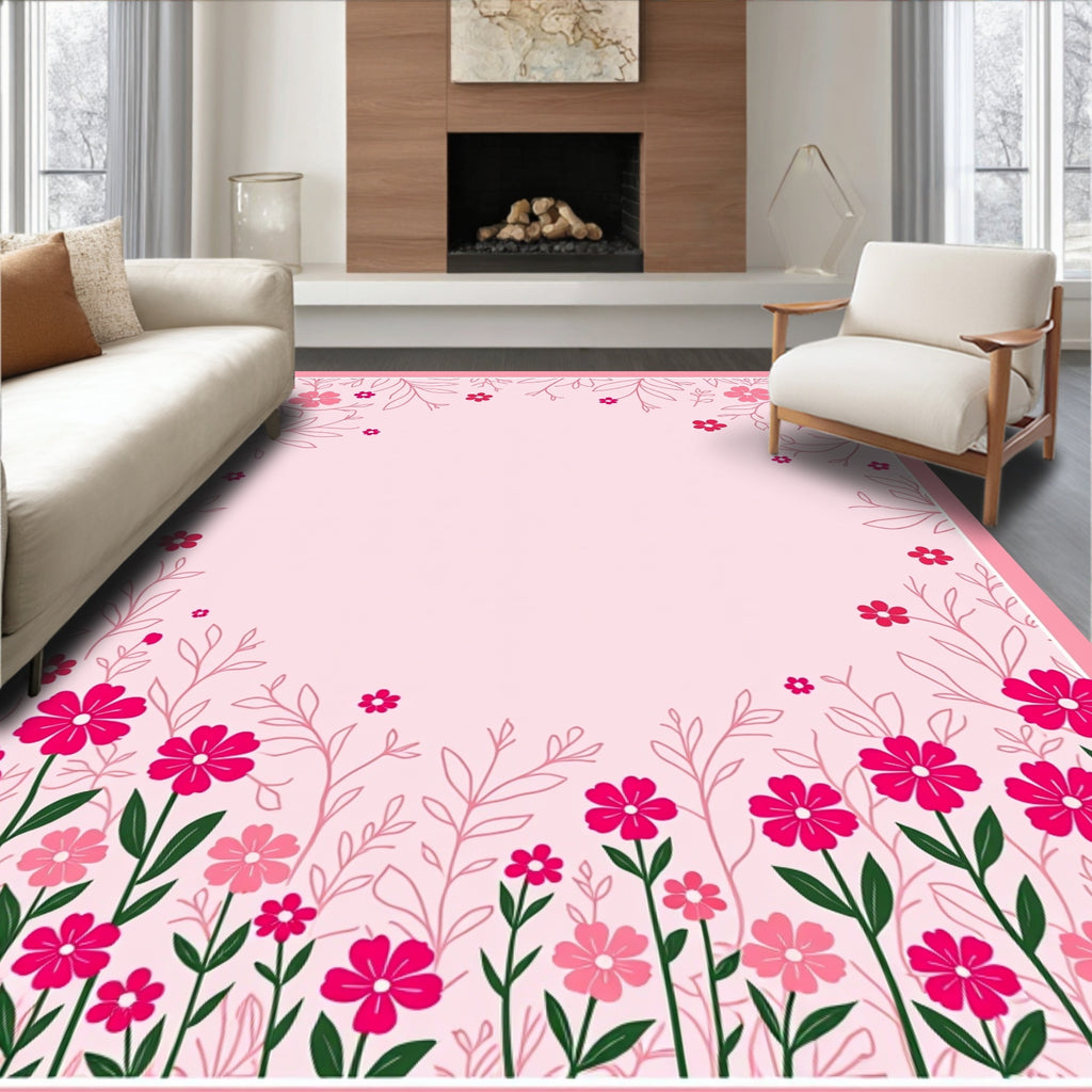 Pink Floral Botanical Whimsical Design Rug