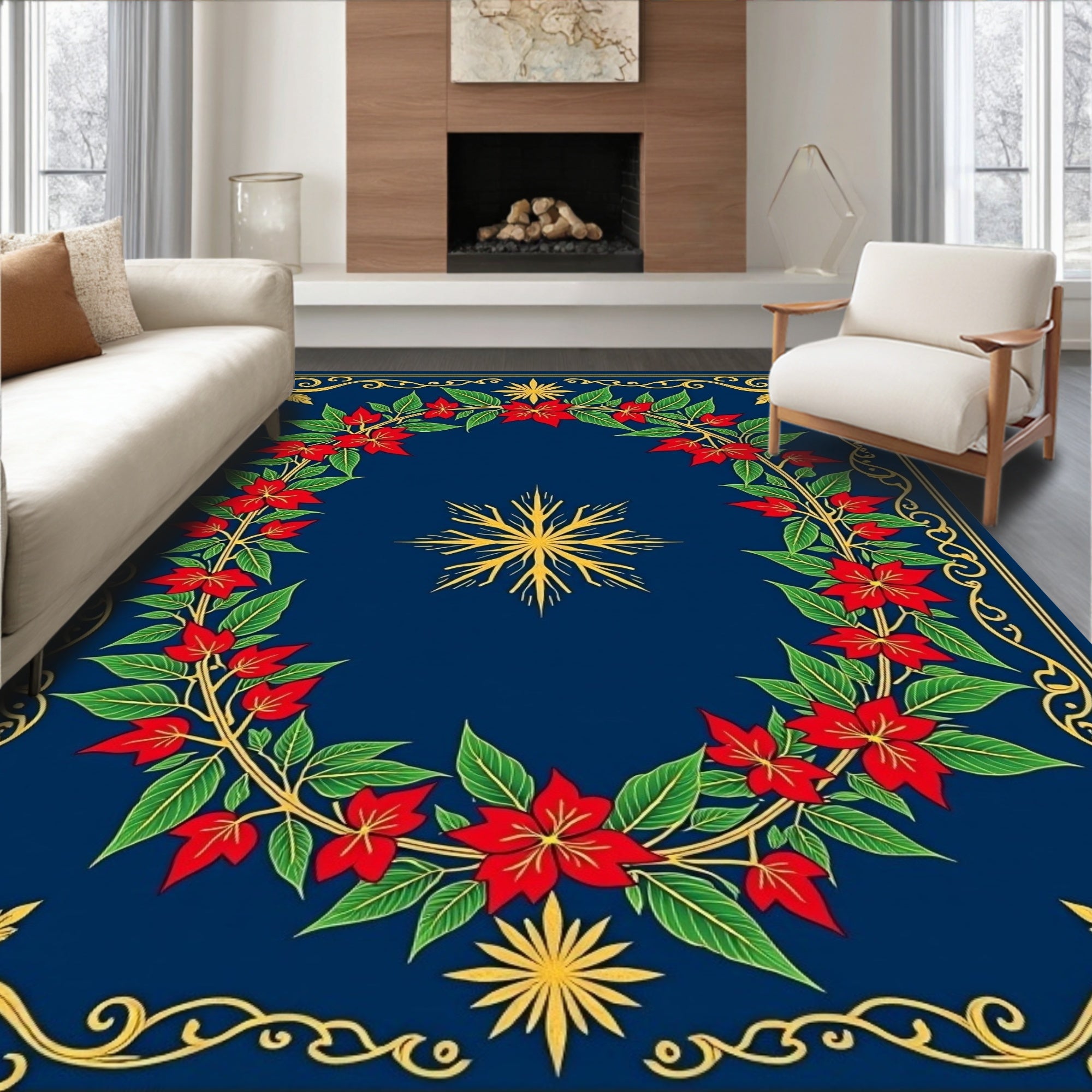 Ornate Floral Border Dark Blue Rug
