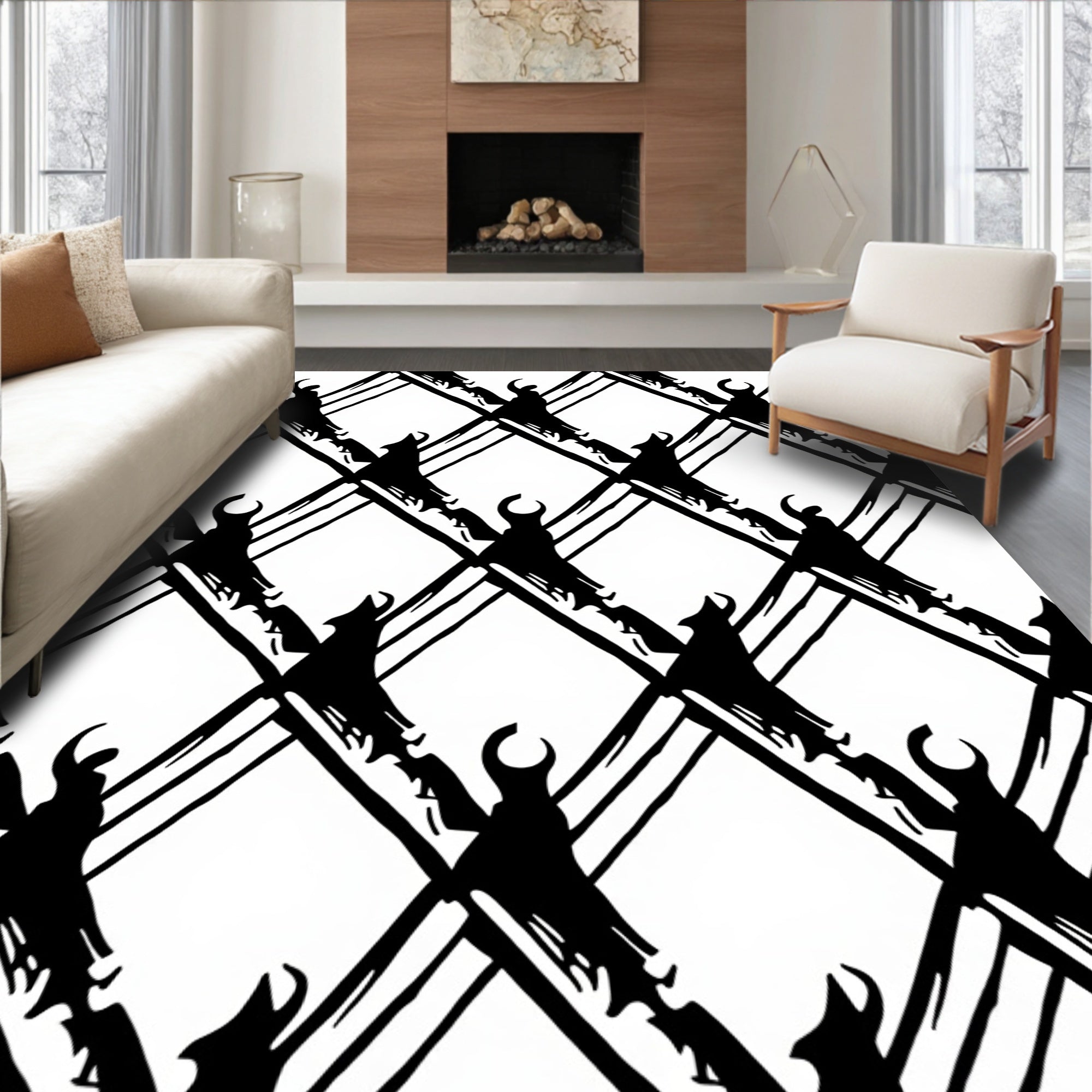 Abstract Black White Diamond Brushstrokes Rug