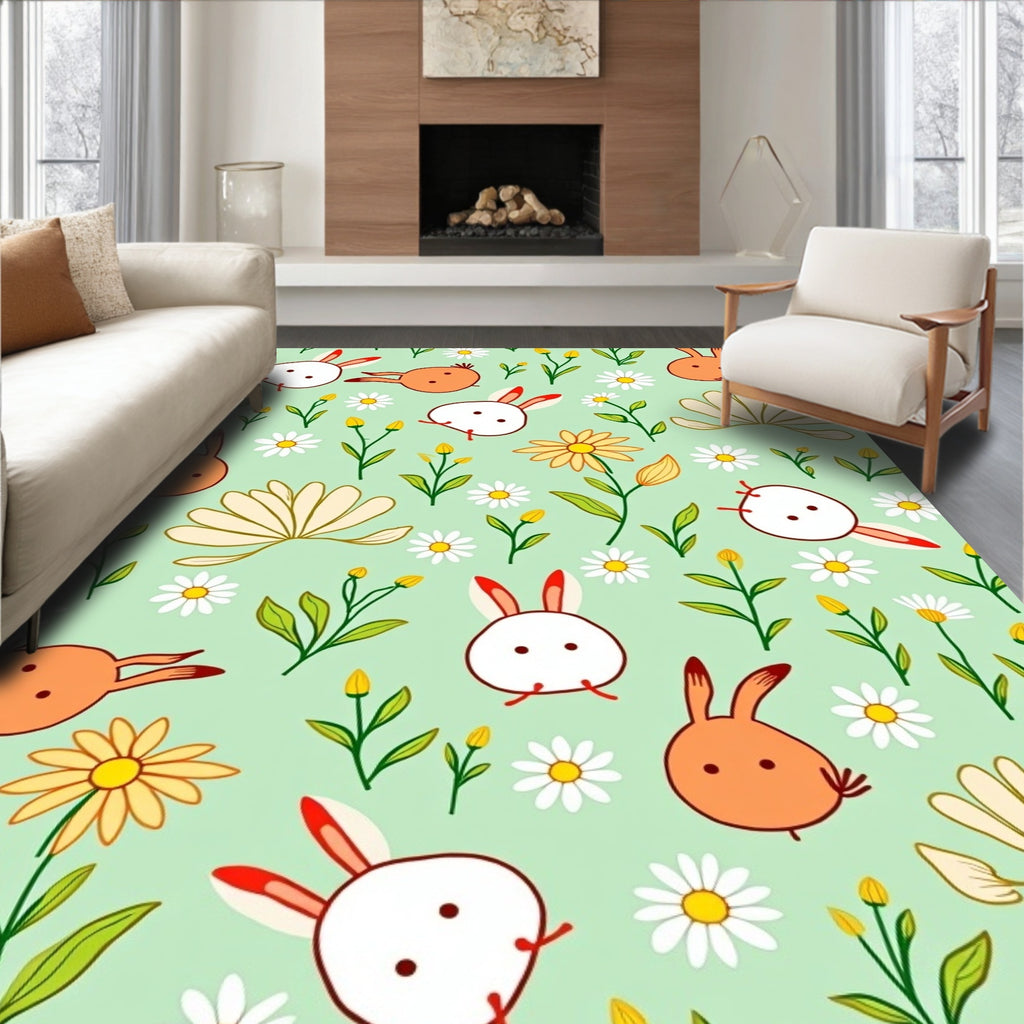 Cute Bunny Flowers Pattern Rug