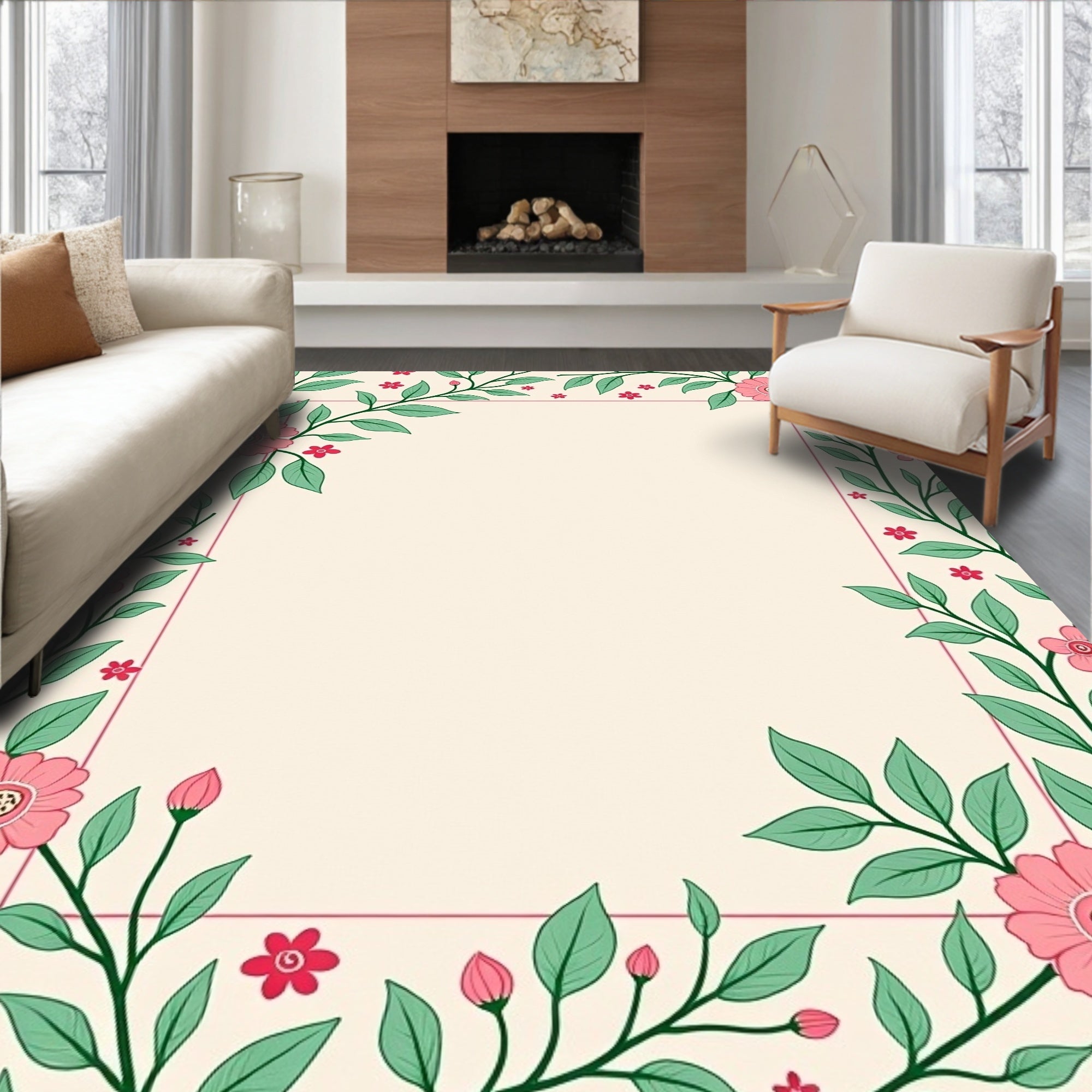 Pink Floral Vine Botanical Pattern Rug