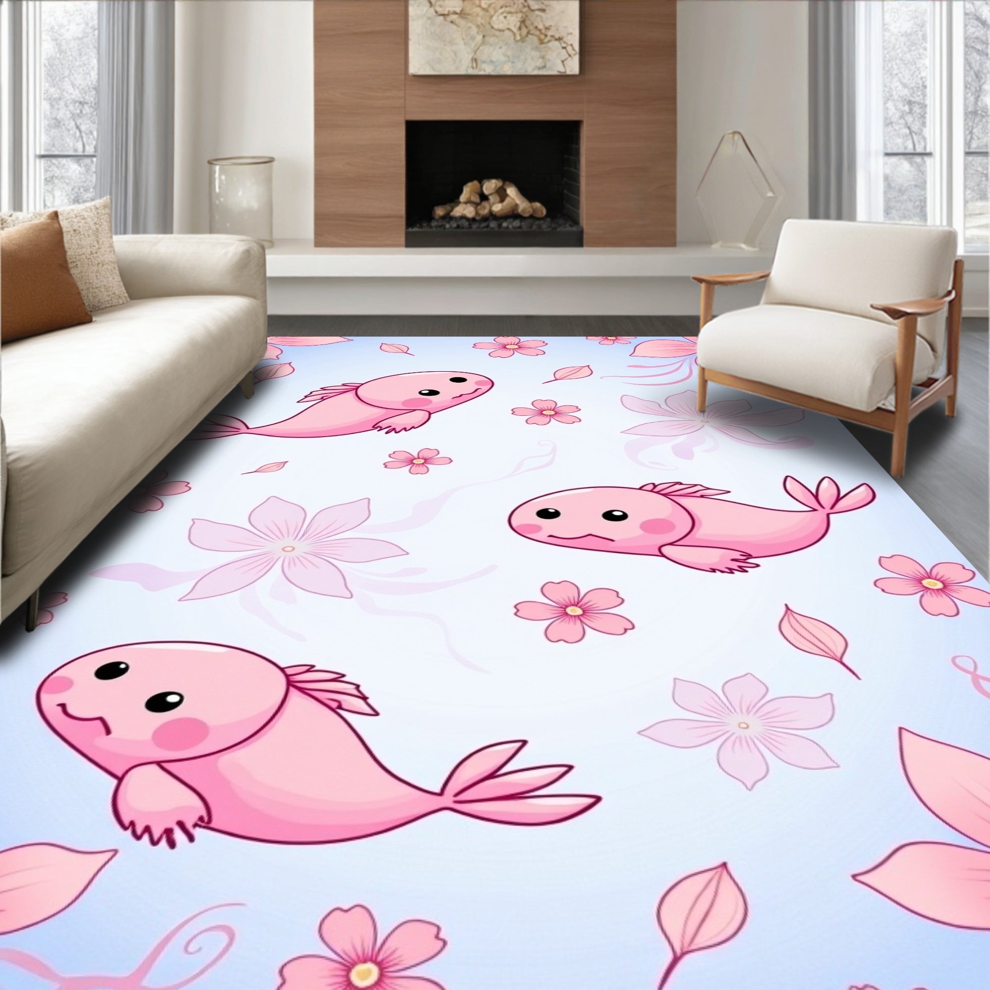 Cute Pink Fish Flowers Pattern Rug