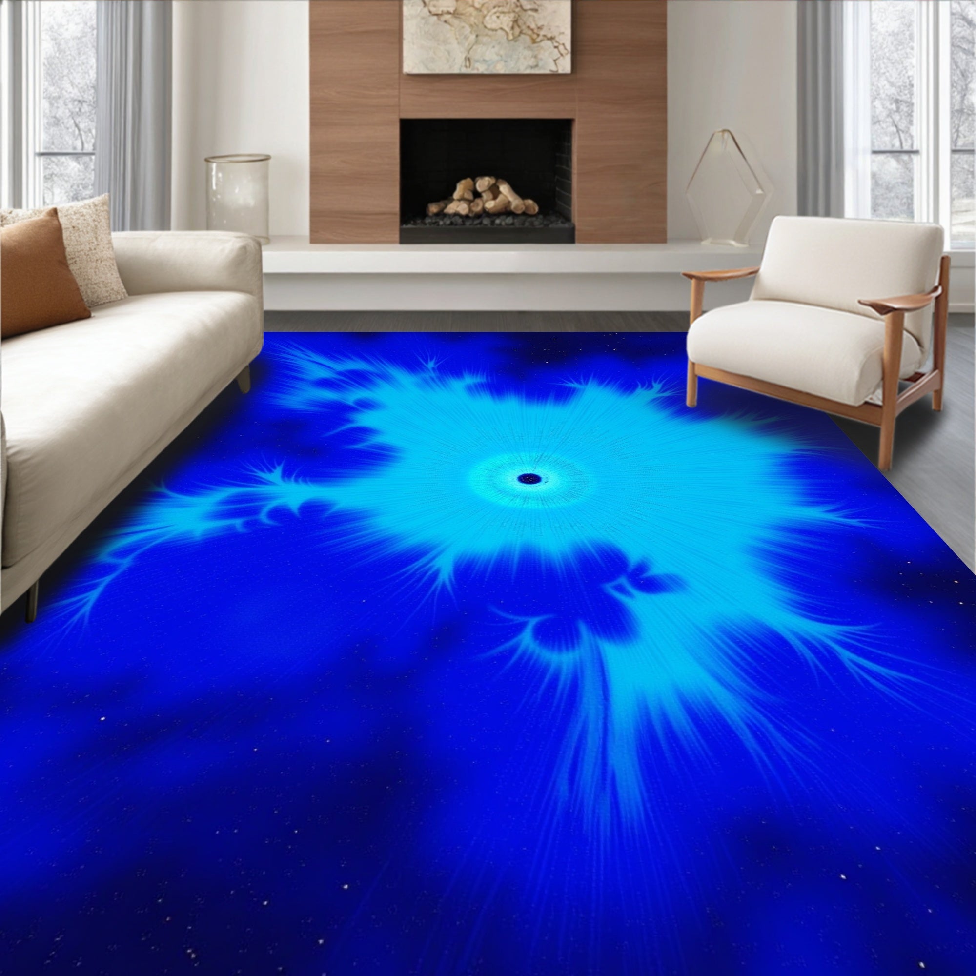 Electric Blue Starburst Fractal Design Rug