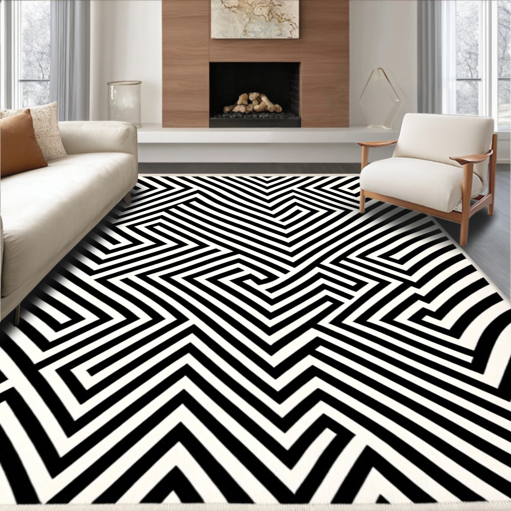 Bold Abstract Black White Geometric Pattern Rug