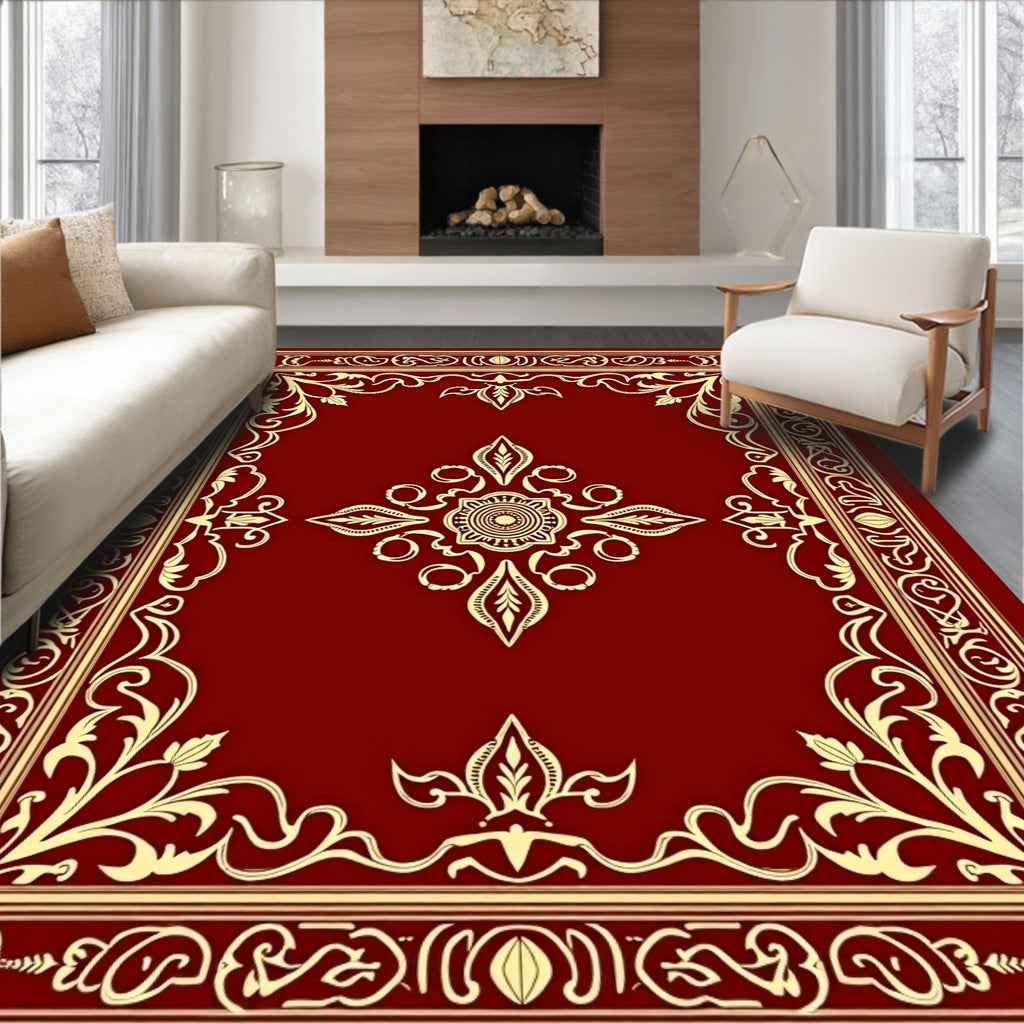 Ornate Red and Gold Floral Border Rug