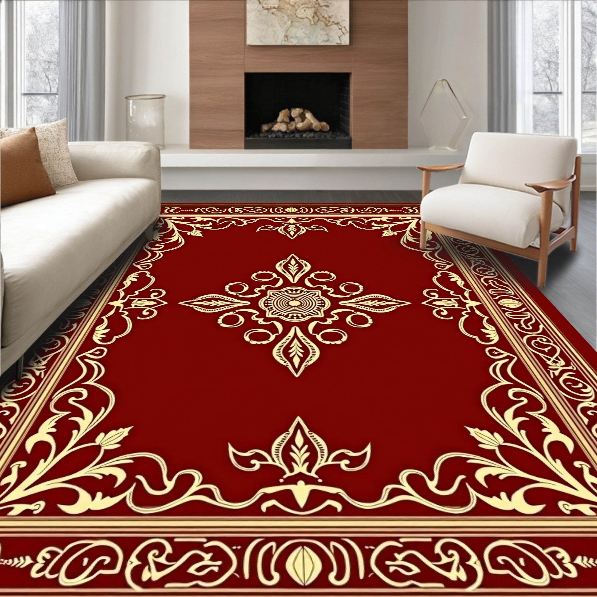 Ornate Red and Gold Floral Border Rug