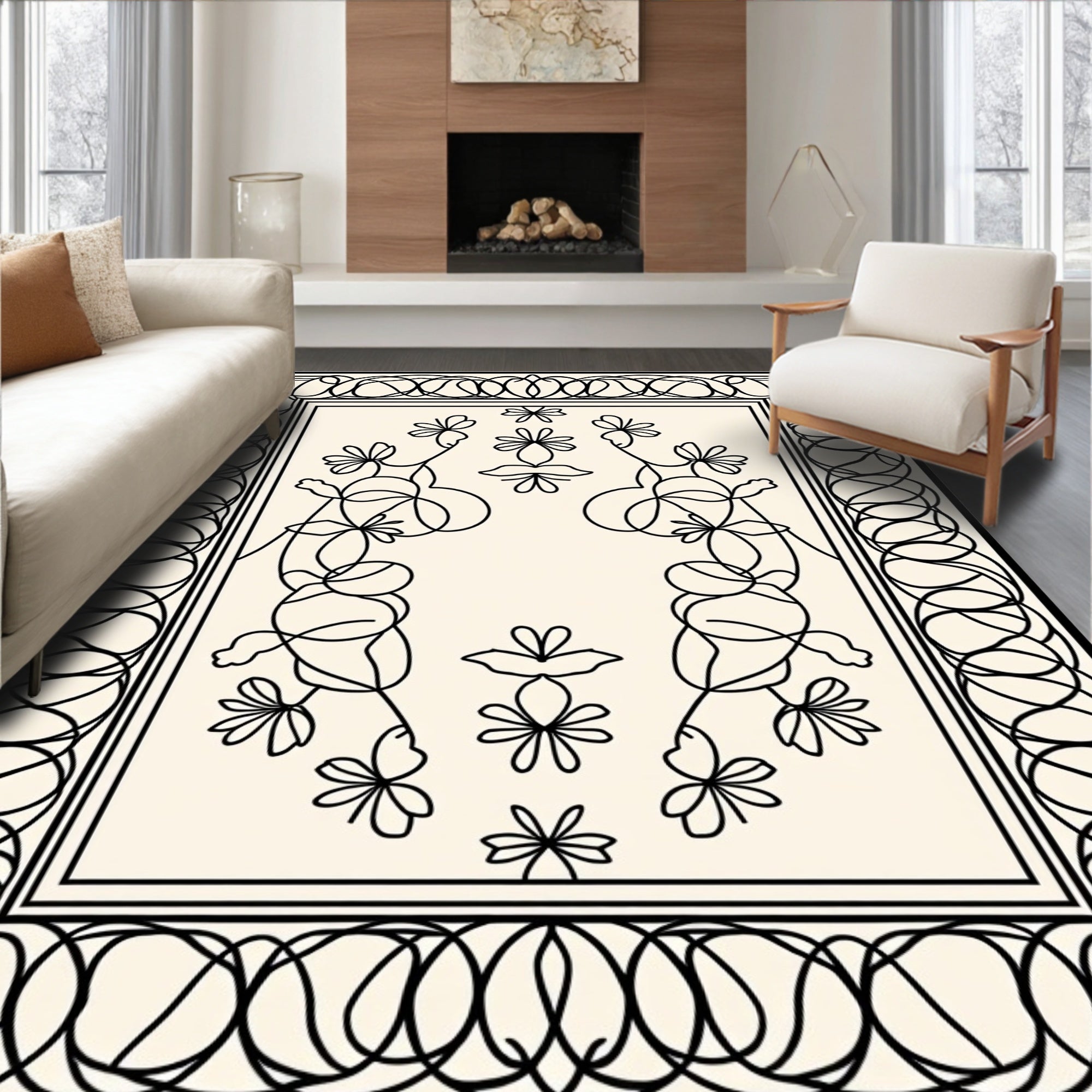 Whimsical Floral Line Art Design Rug