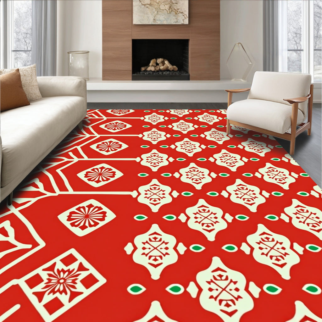 Red Geometric Floral Patterned Rug