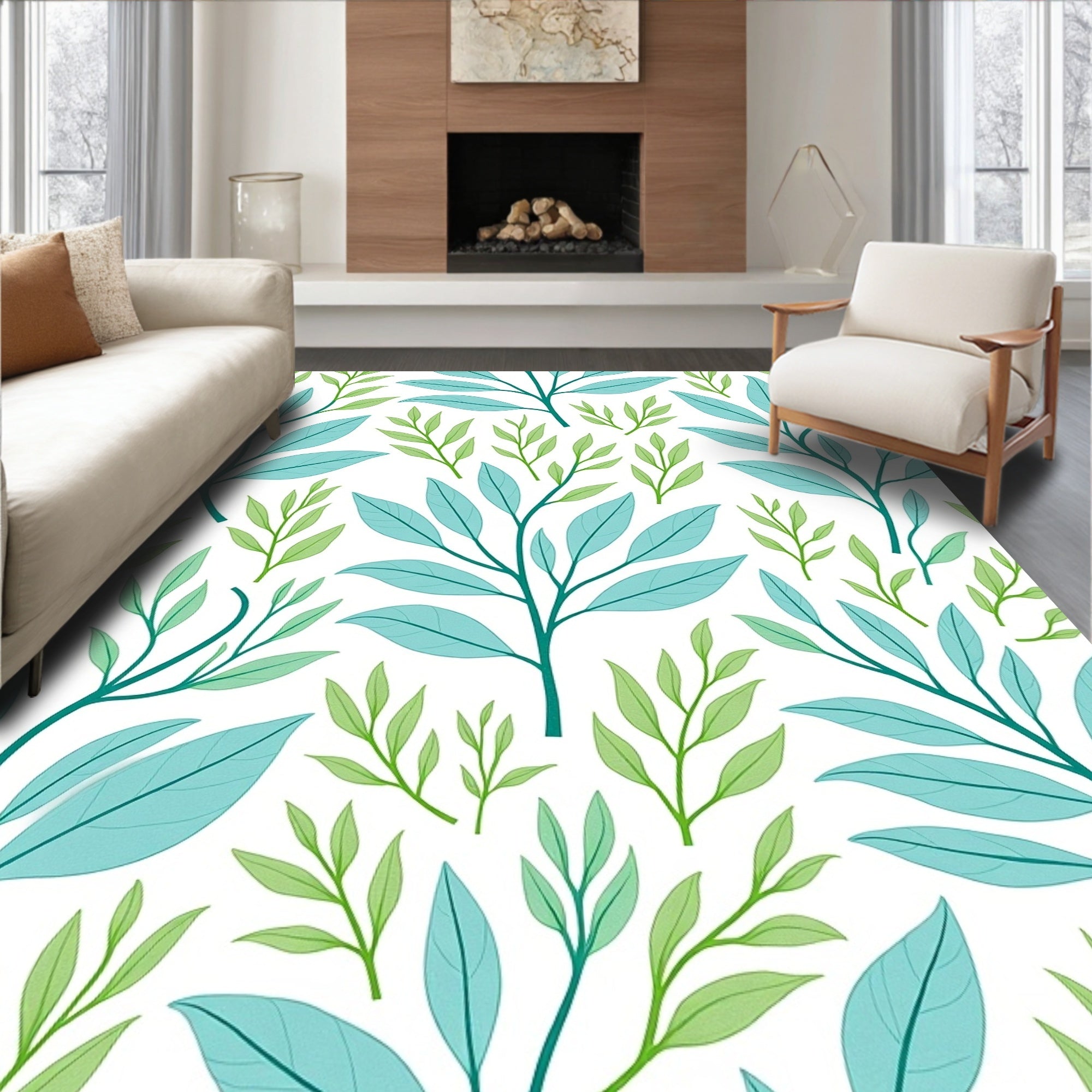 Teal And Green Leafy Branches Pattern Rug