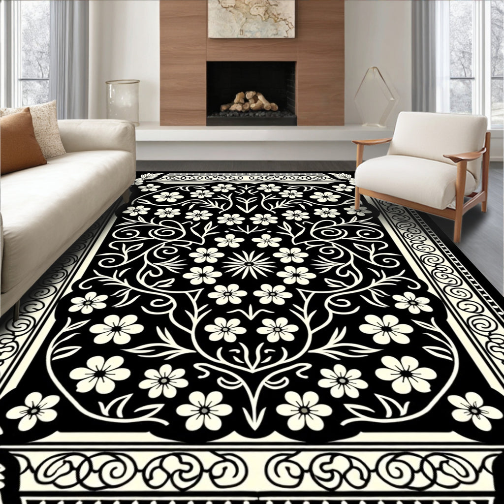 Ornate Floral Vine Black Cream Rug
