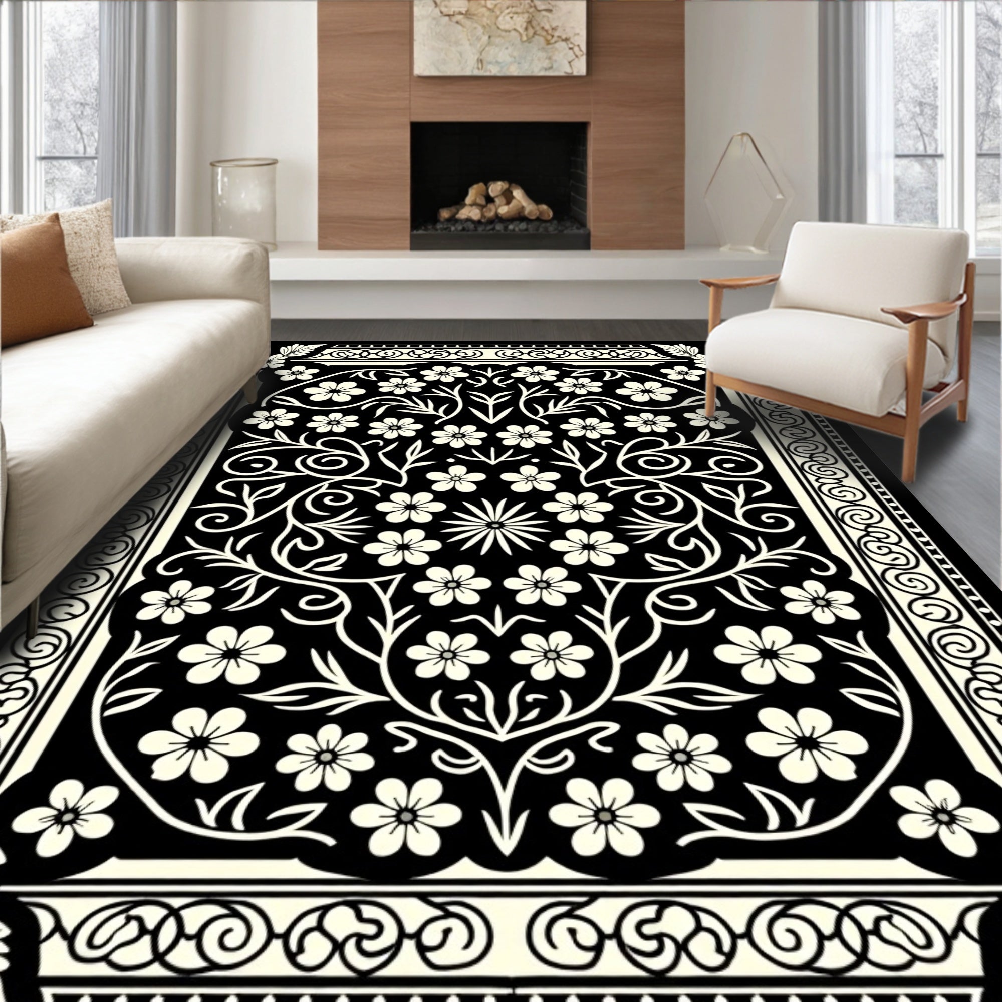 Ornate Floral Vine Black Cream Rug