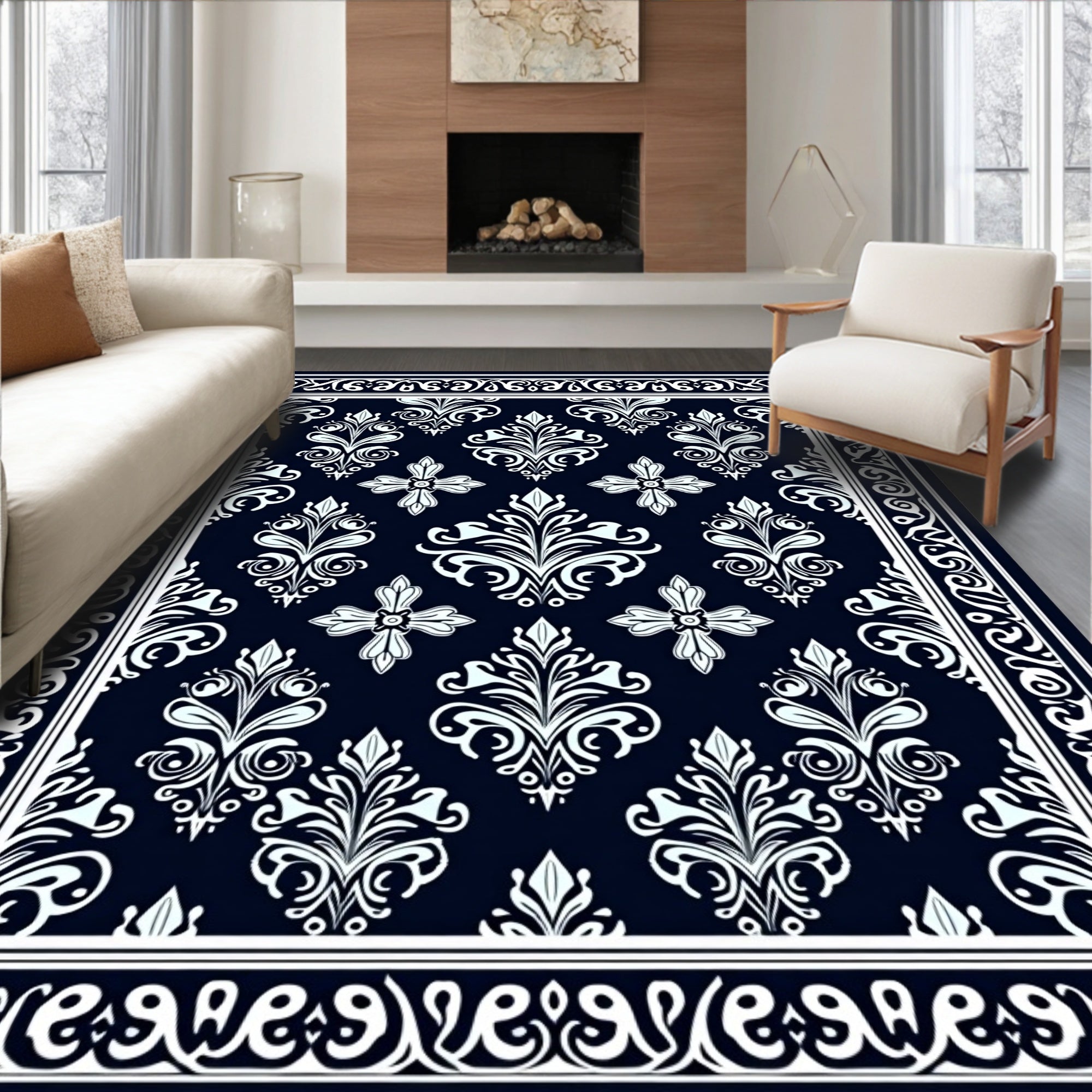 Classic White Damask Pattern Rug