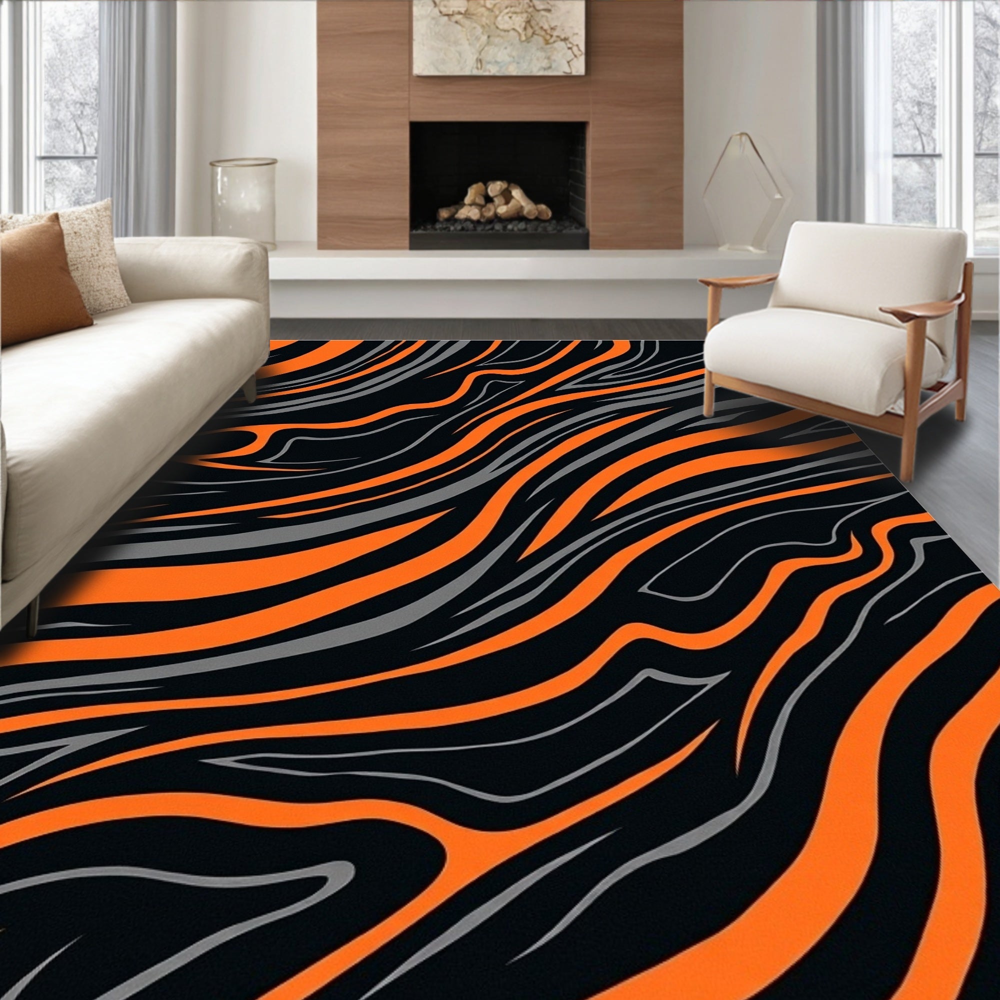 Dynamic Orange Gray Stripe Pattern Rug