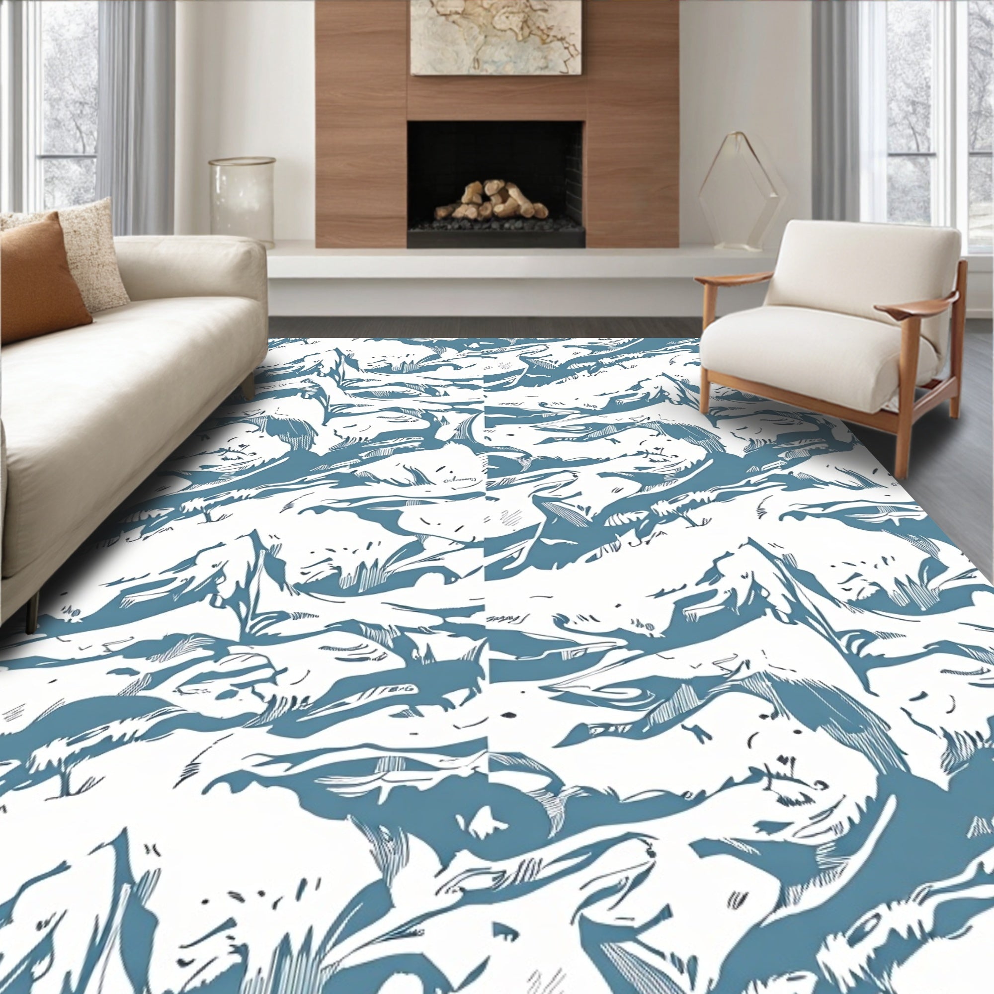 Dynamic Abstract Blue White Pattern Rug