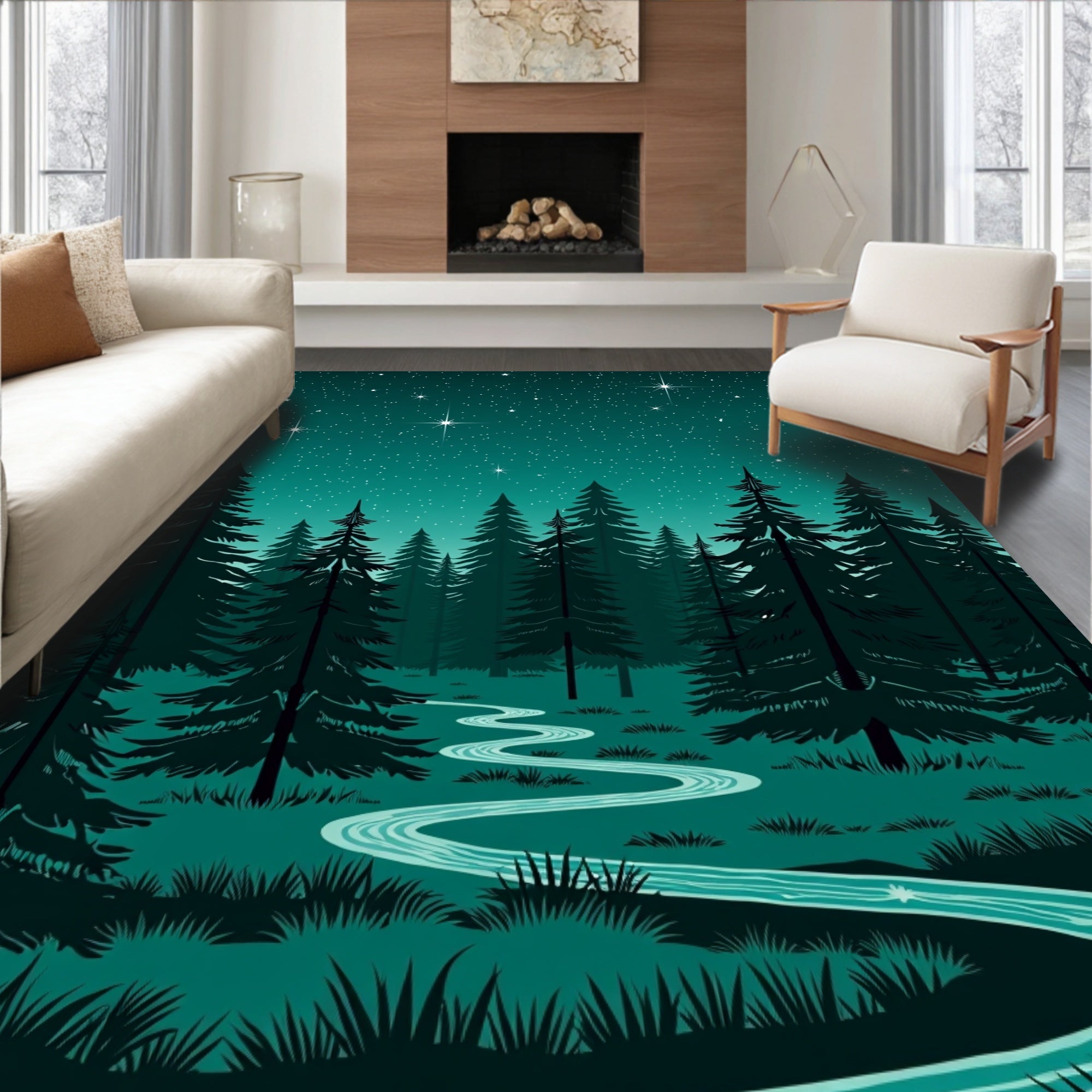 Woodland River Under Starry Night Sky Rug