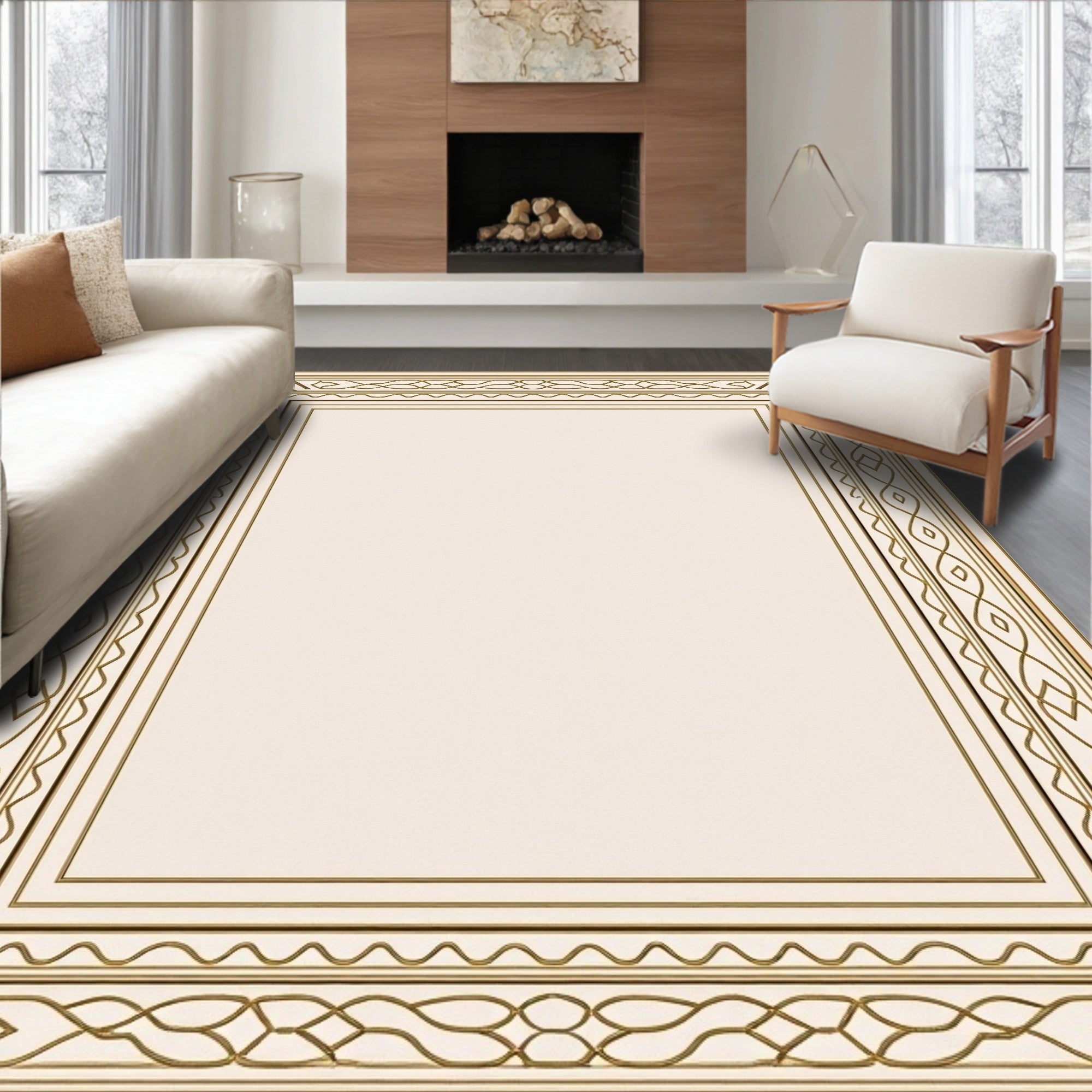 Elegant Gold Geometric Border Rug