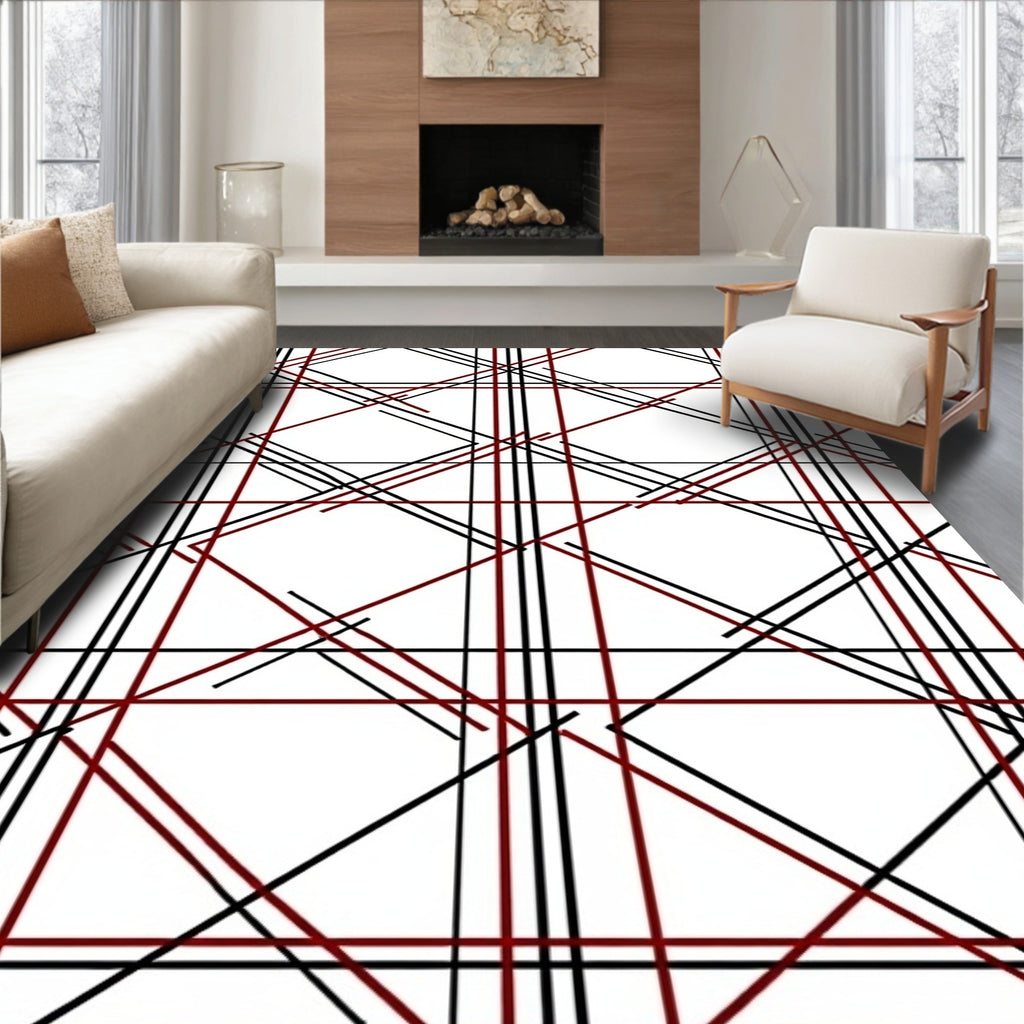 Black Red Plaid Geometric Pattern Rug