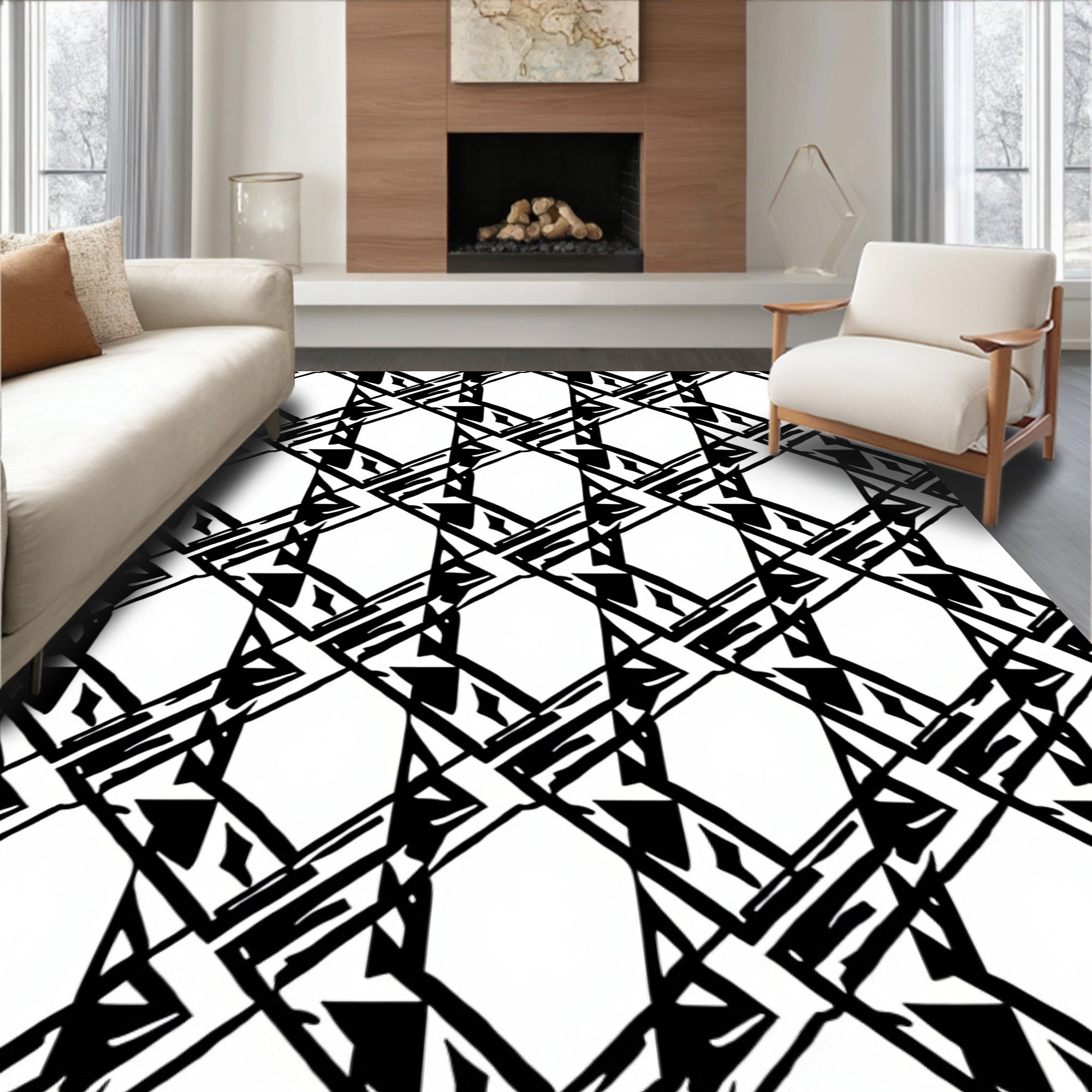 Graphic Black White Diamond Pattern Rug