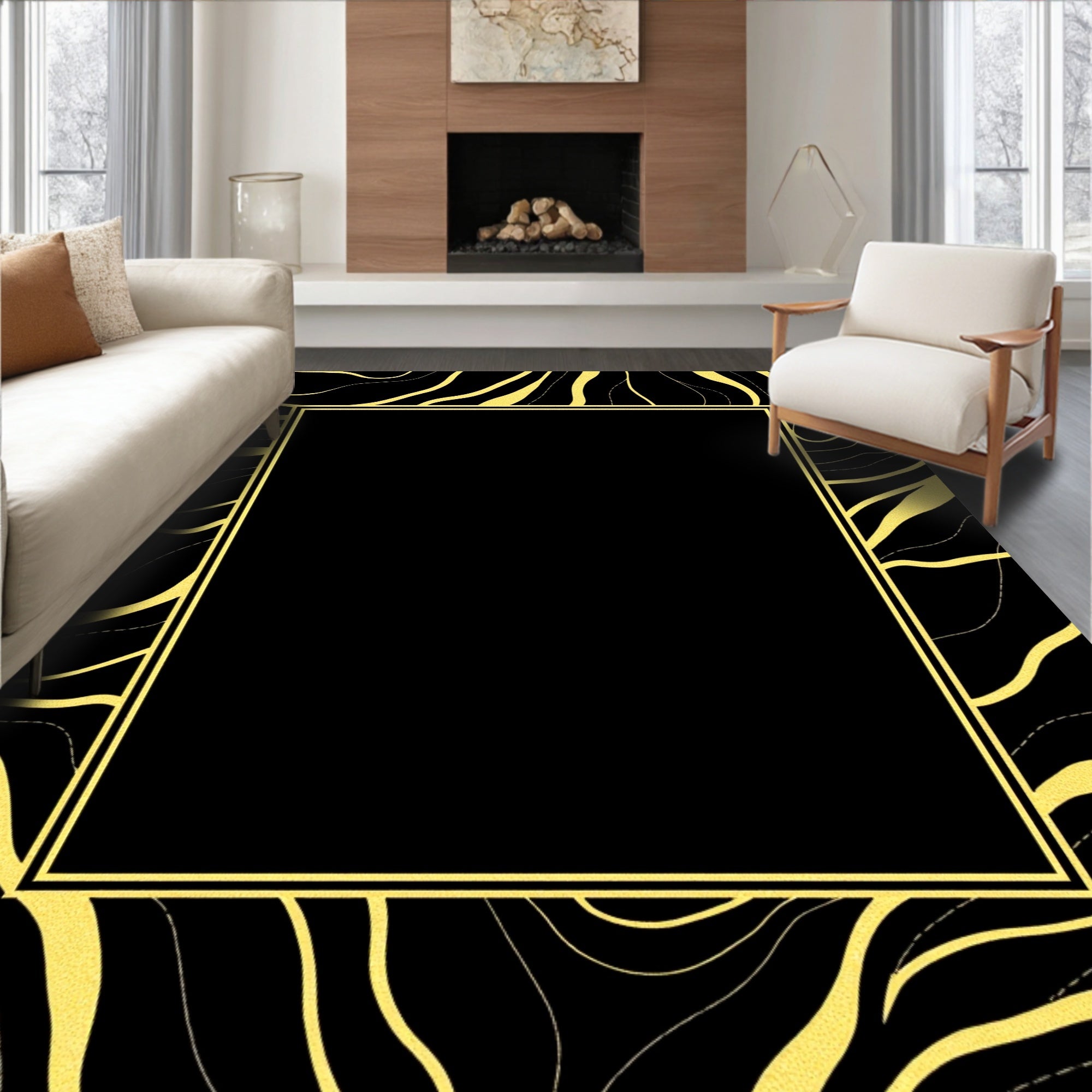 Abstract Black Gold Wavy Line Rug