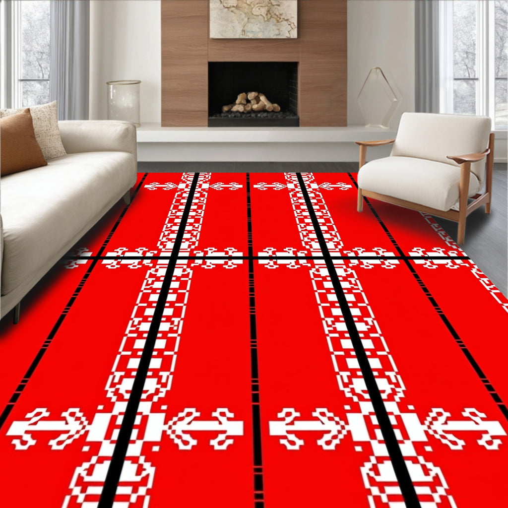 Bold Red White Pixelated Pattern Rug