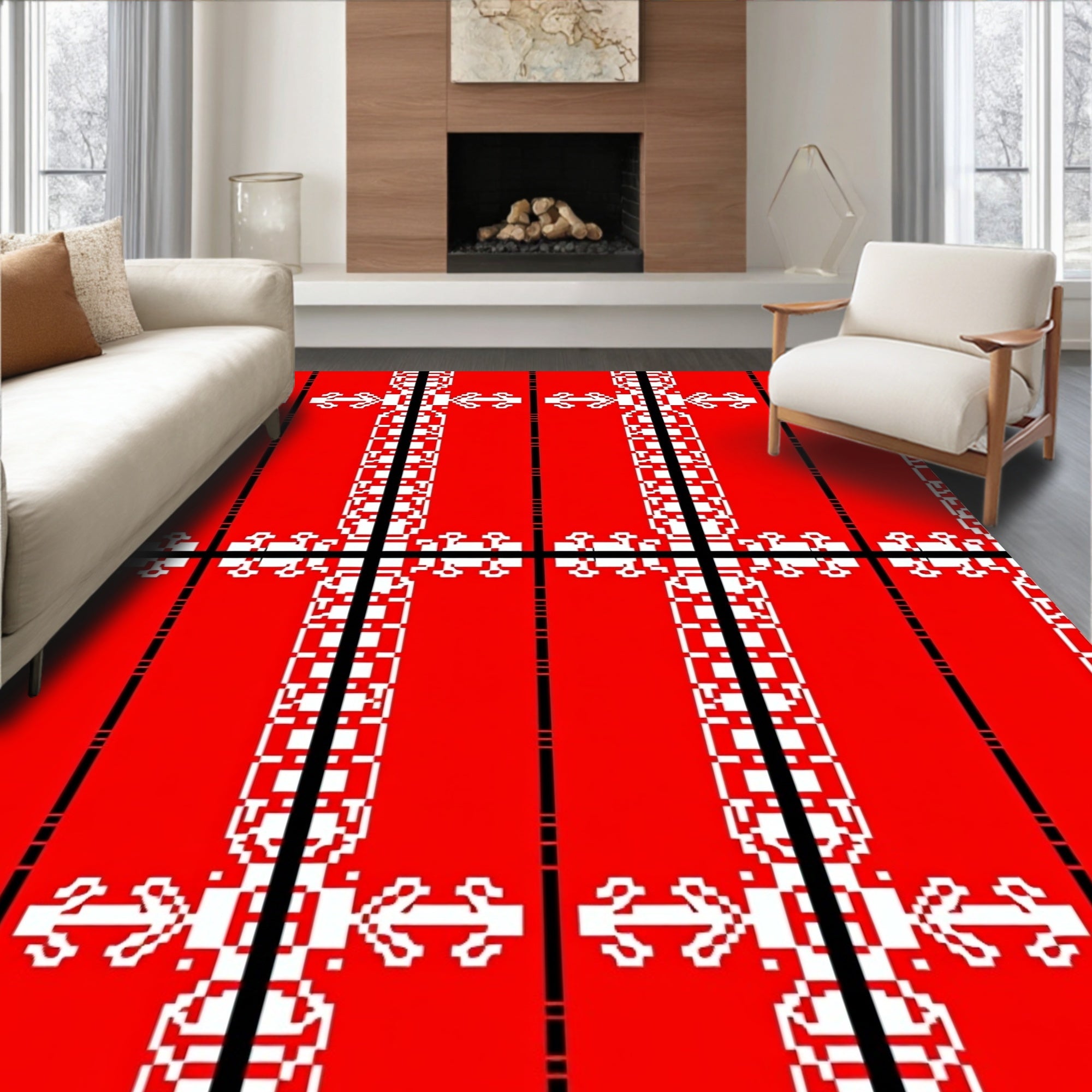 Bold Red White Pixelated Pattern Rug