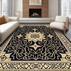 Elaborate Black Gold Floral Medallion Design Rug