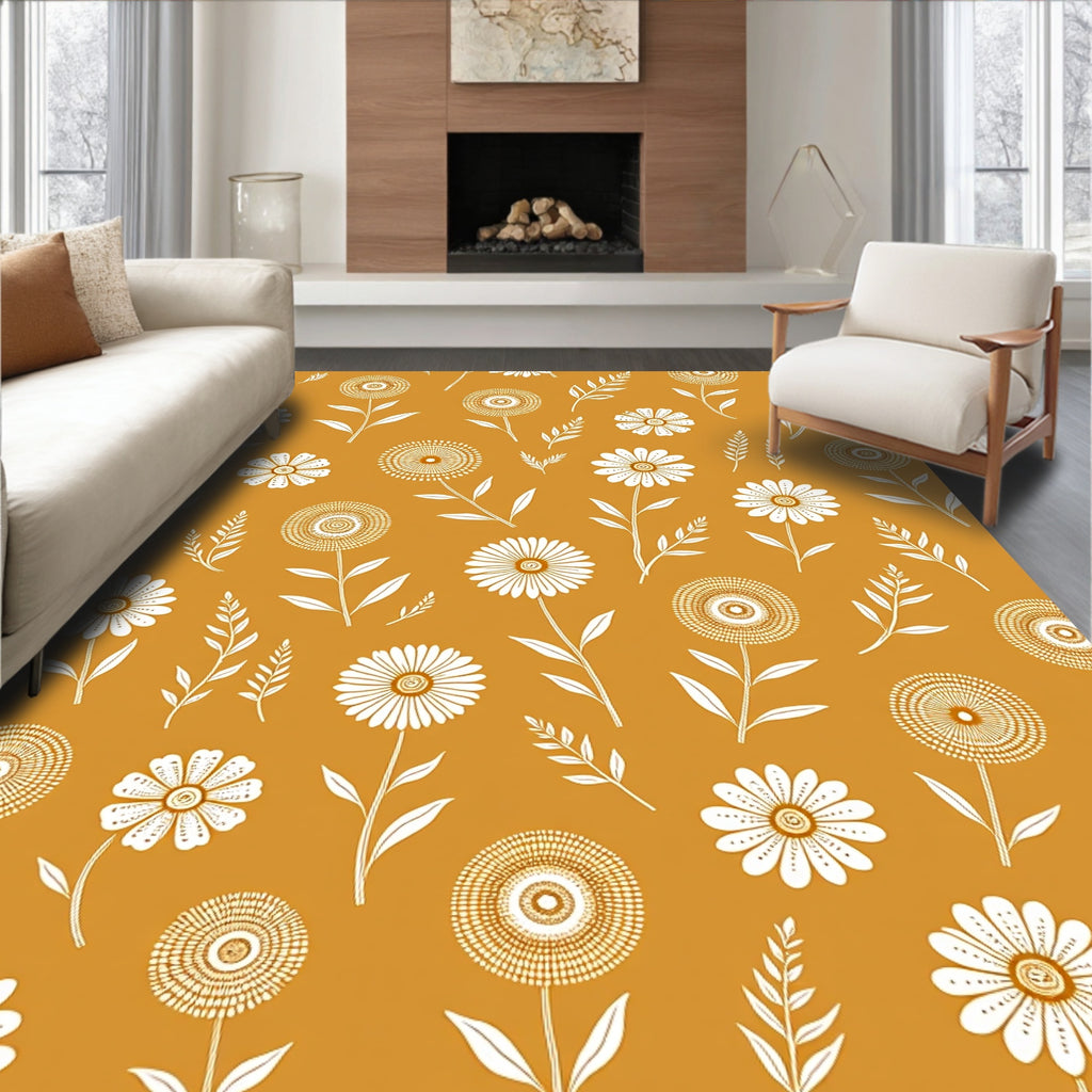 Golden Orange Floral Daisy Pattern Rug