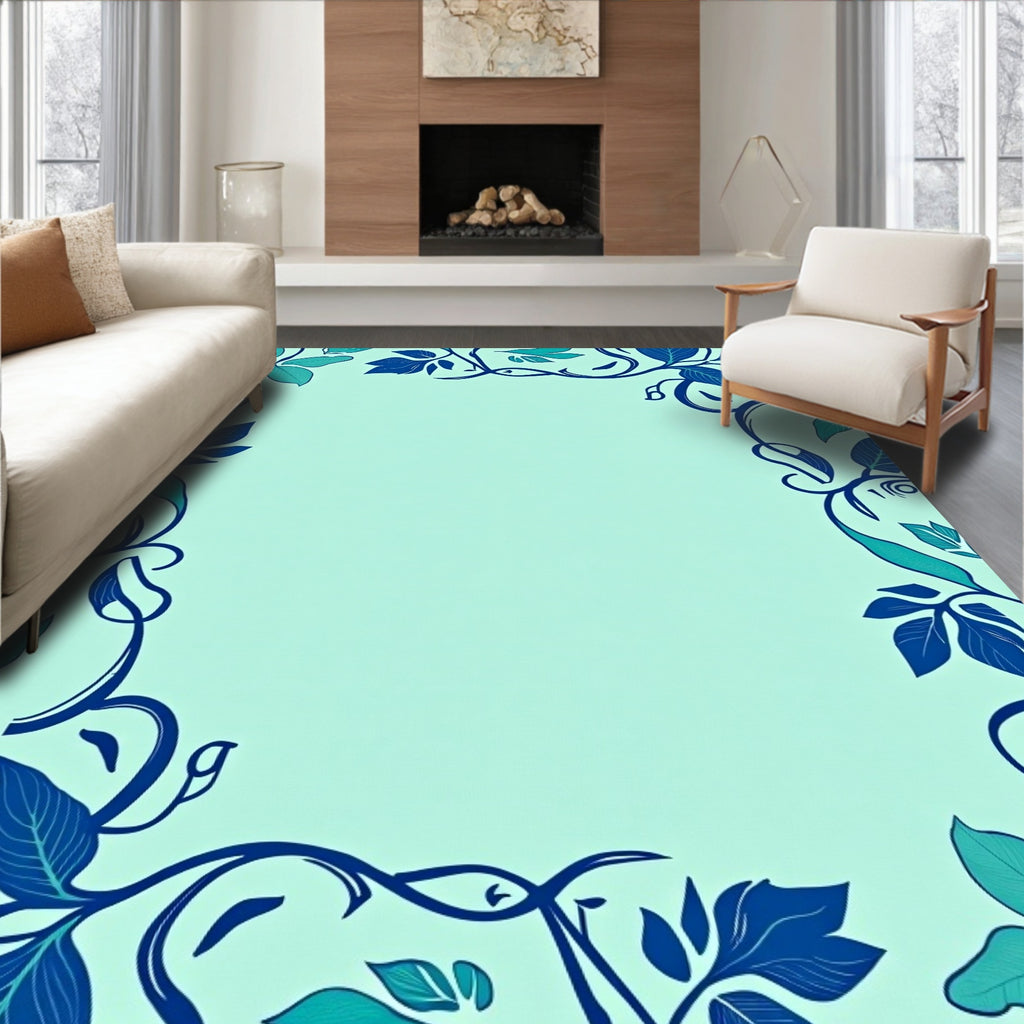 Enchanting Teal Vine Leaf Pattern Rug