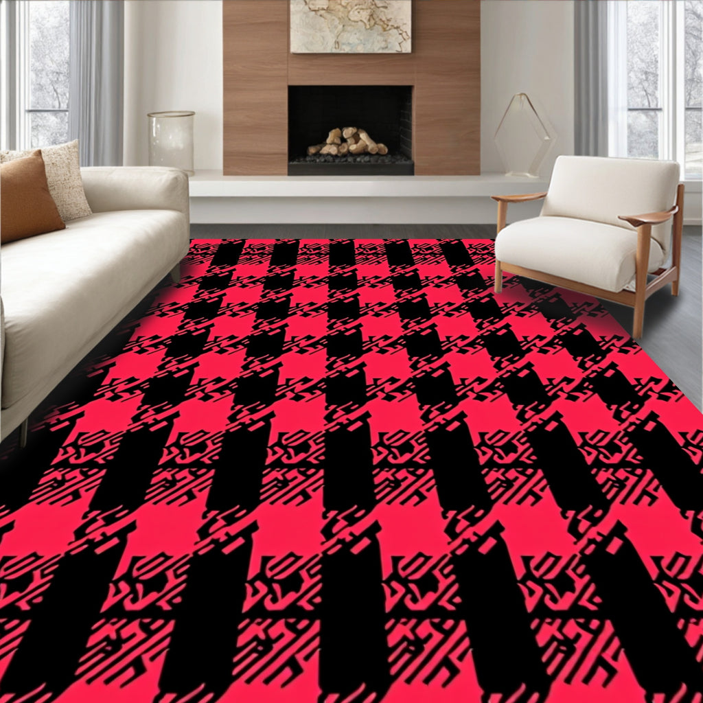 Bold Red Black Houndstooth Pattern Rug
