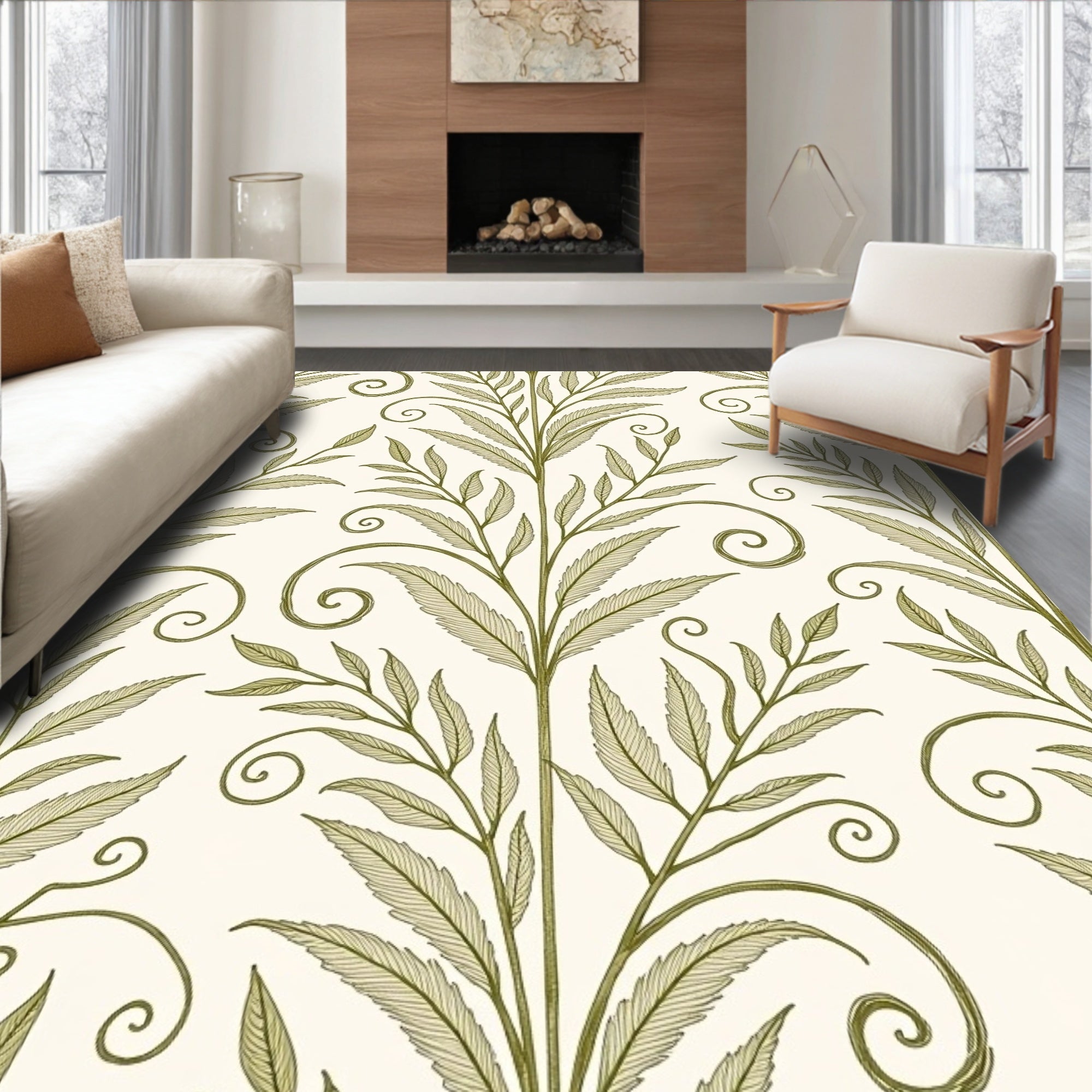 Elegant Olive Botanical Vine Pattern Rug